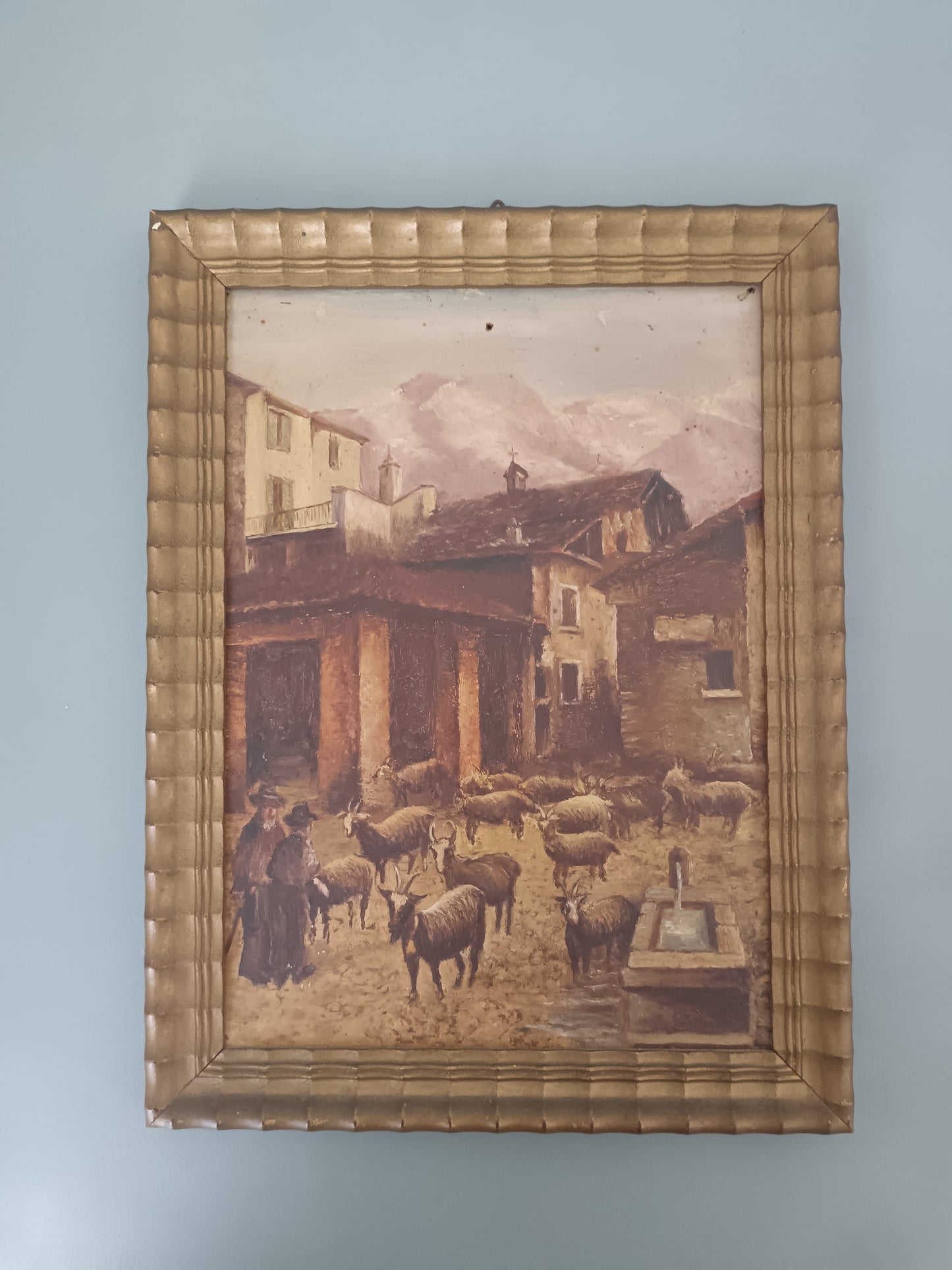 G. Carlini 1949 Olio su Tavola Paesaggio Alpino con Gregge di Capre