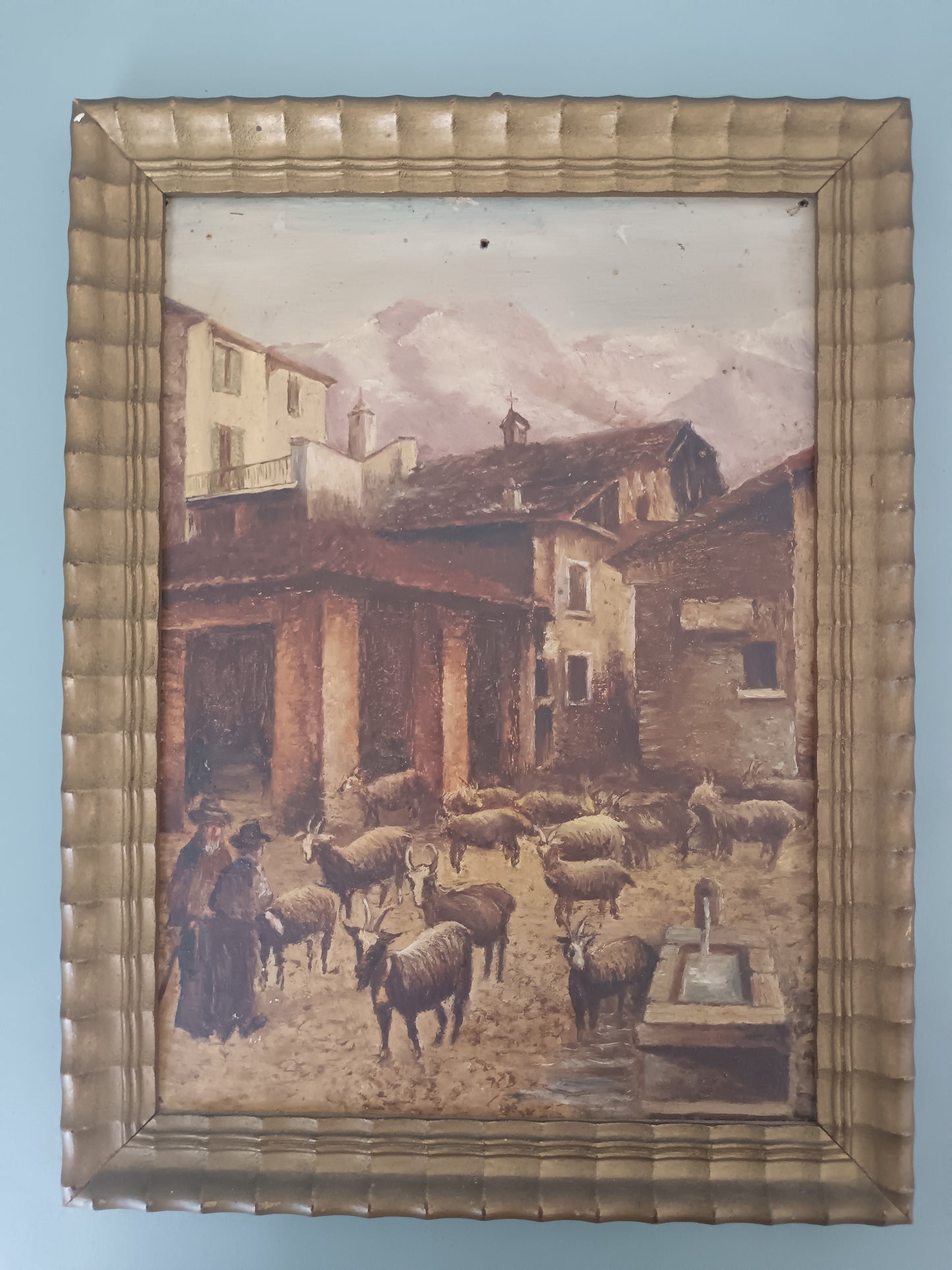 G. Carlini 1949 Olio su Tavola Paesaggio Alpino con Gregge di Capre