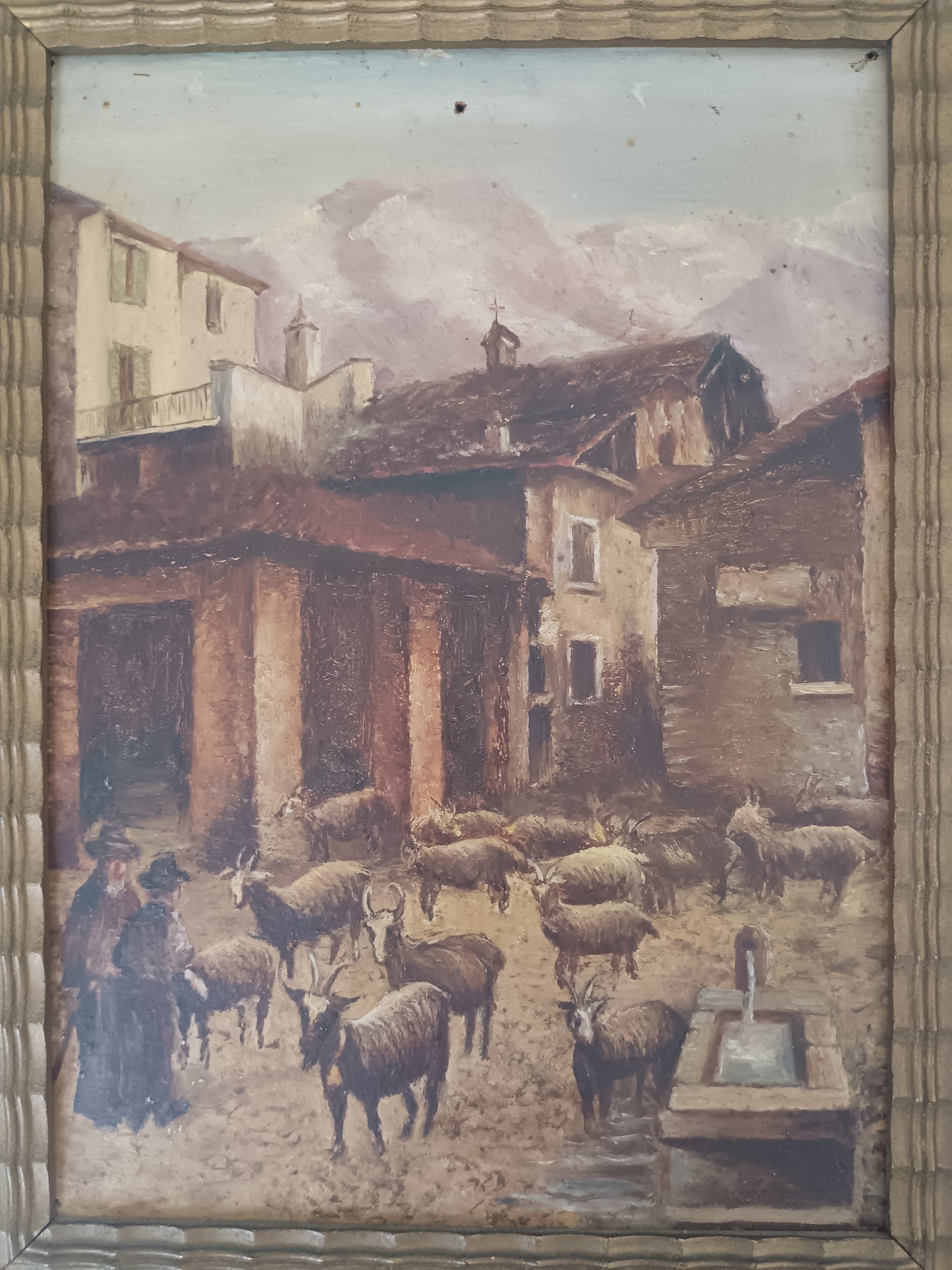G. Carlini 1949 Olio su Tavola Paesaggio Alpino con Gregge di Capre