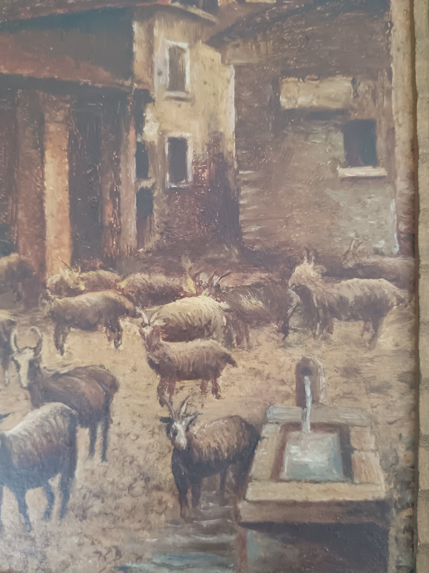 G. Carlini 1949 Olio su Tavola Paesaggio Alpino con Gregge di Capre