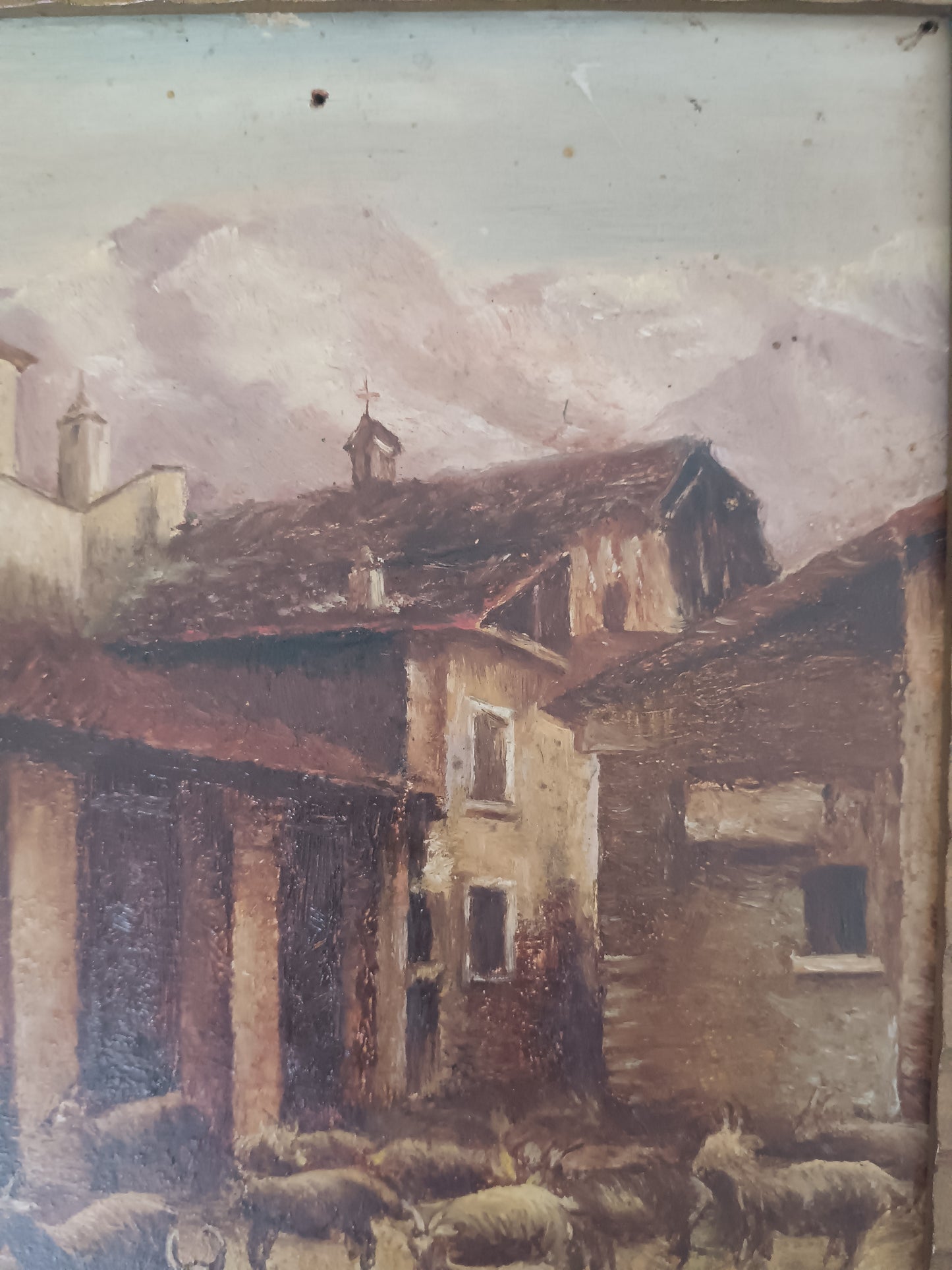 G. Carlini 1949 Olio su Tavola Paesaggio Alpino con Gregge di Capre