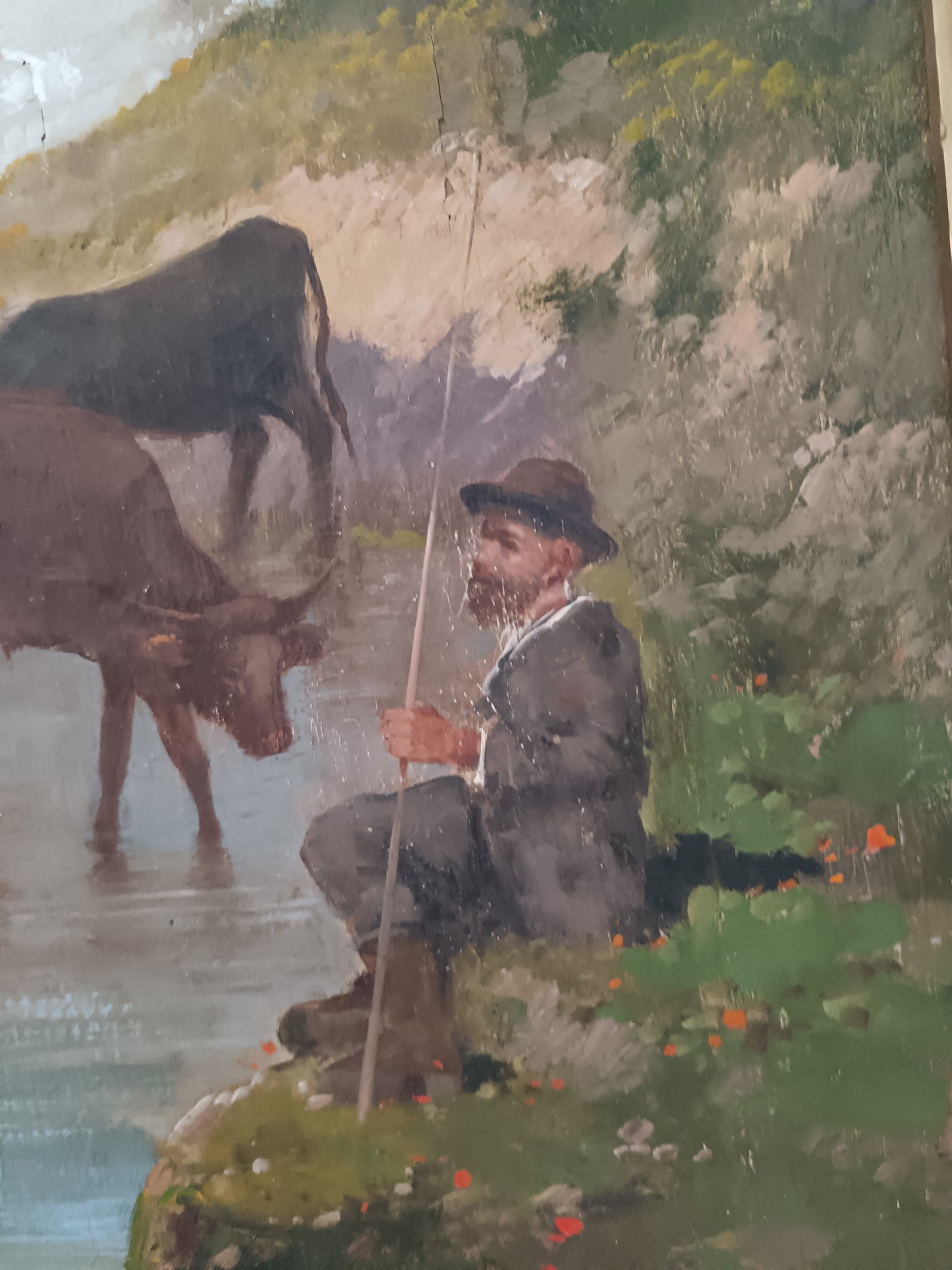Grande Olio su Tela Fine '800 – Paesaggio Bucolico con Bovini al Guado e Pastore