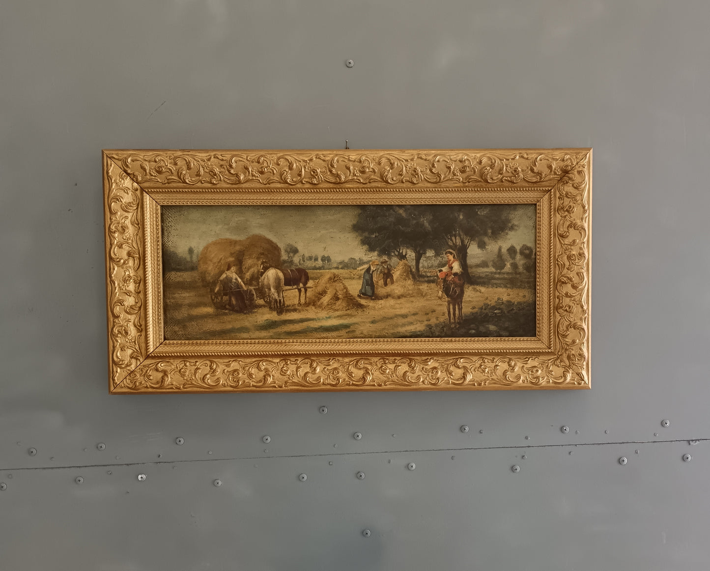 Emilio Pergola – Paesaggio Contadino con Cavalli e Covoni Olio su Tela Firmato e Incorniciato