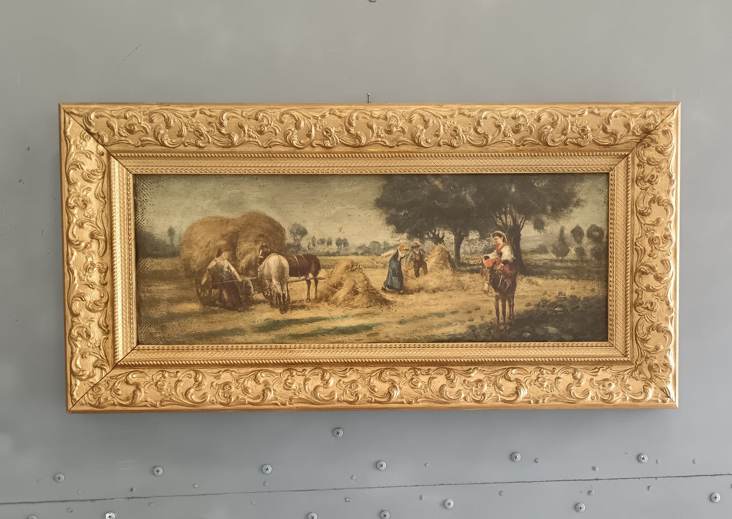 Emilio Pergola – Paesaggio Contadino con Cavalli e Covoni Olio su Tela Firmato e Incorniciato