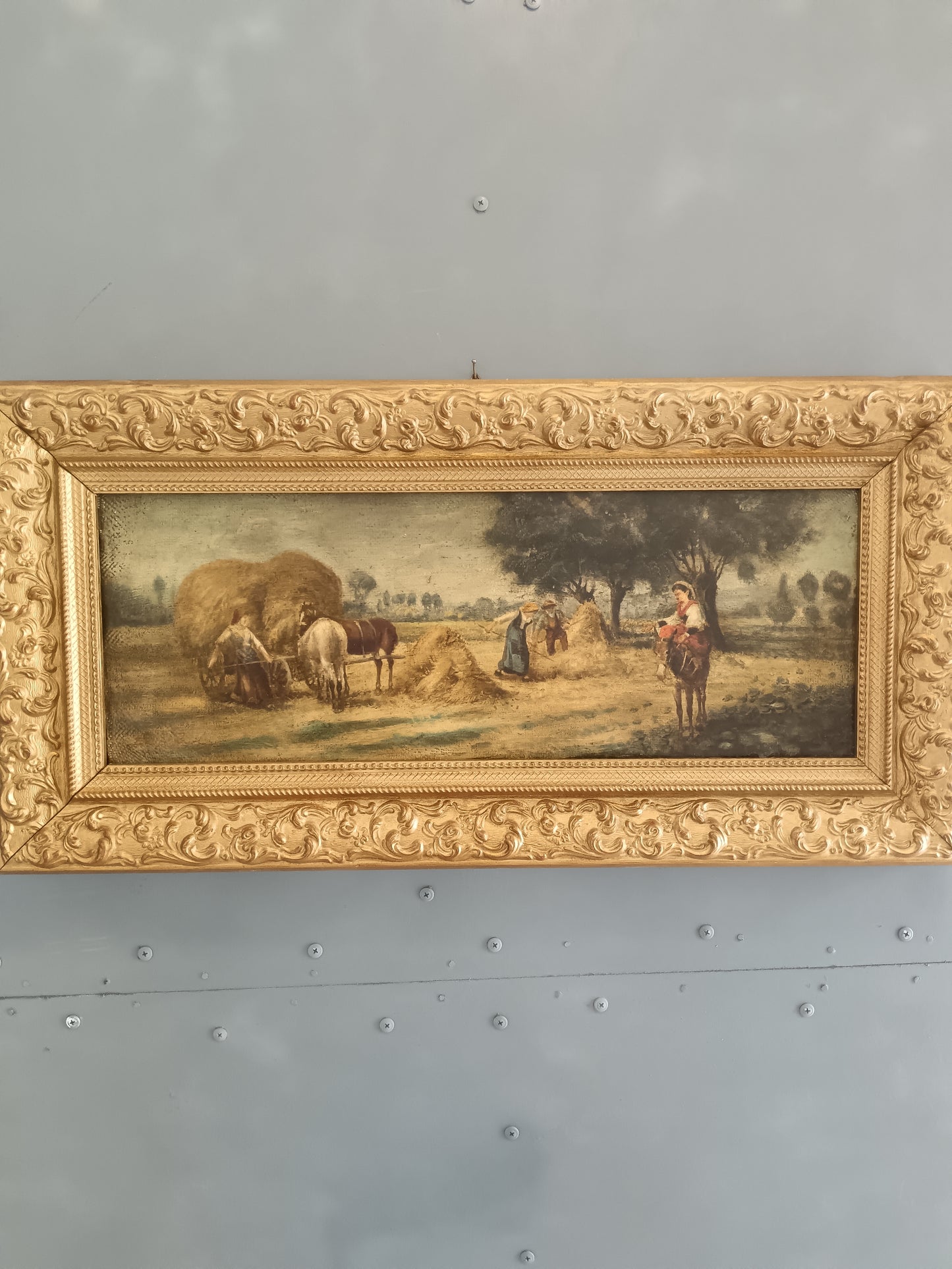 Emilio Pergola – Paesaggio Contadino con Cavalli e Covoni Olio su Tela Firmato e Incorniciato