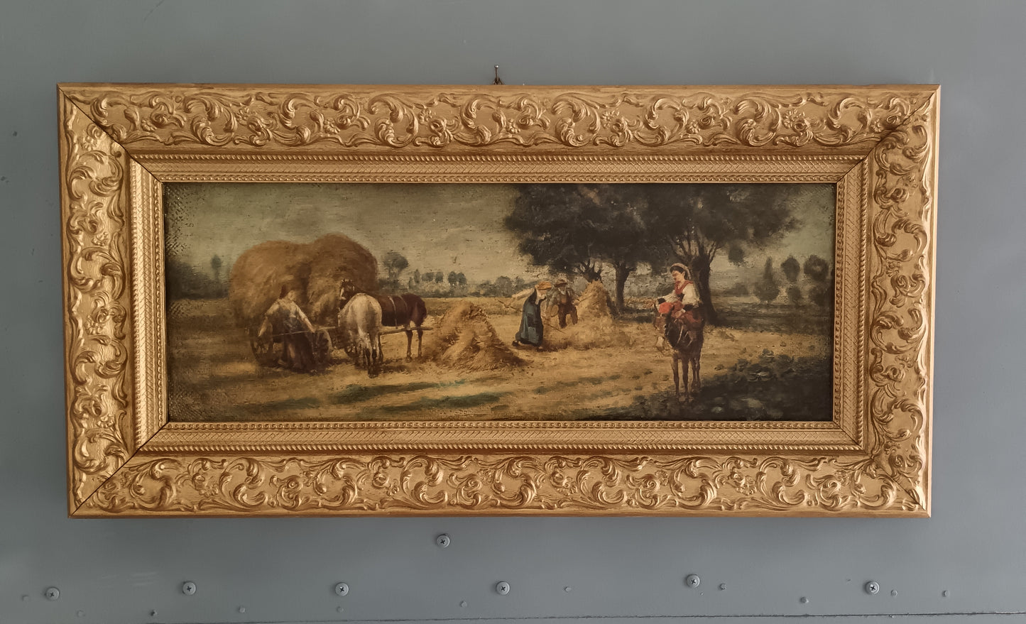 Emilio Pergola – Paesaggio Contadino con Cavalli e Covoni Olio su Tela Firmato e Incorniciato