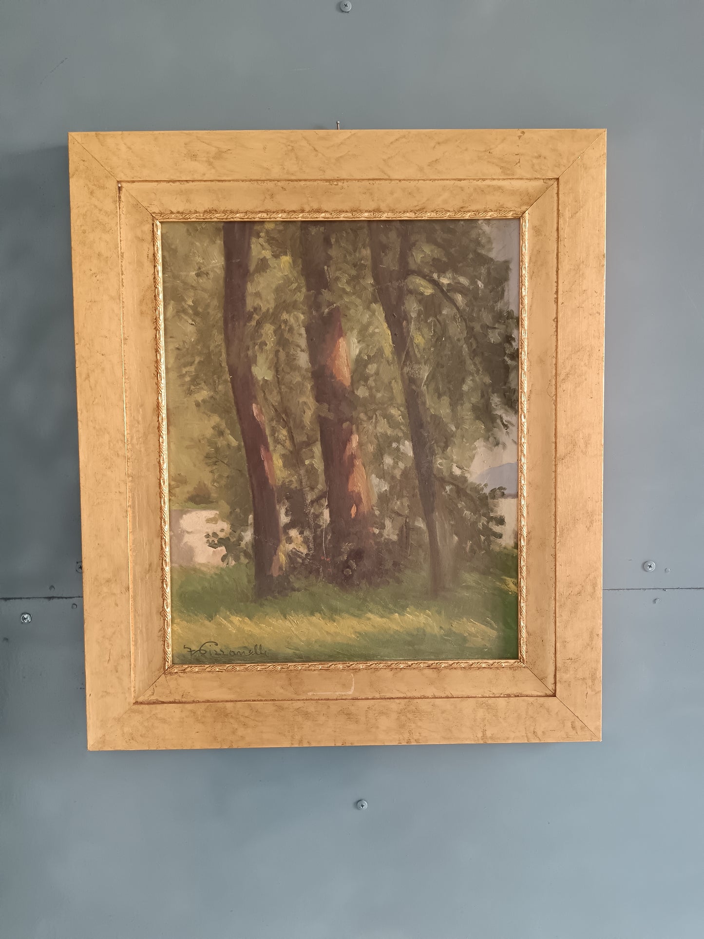 Ferruccio Pizzanelli Dipinto olio su cartoncino paesaggio bosco