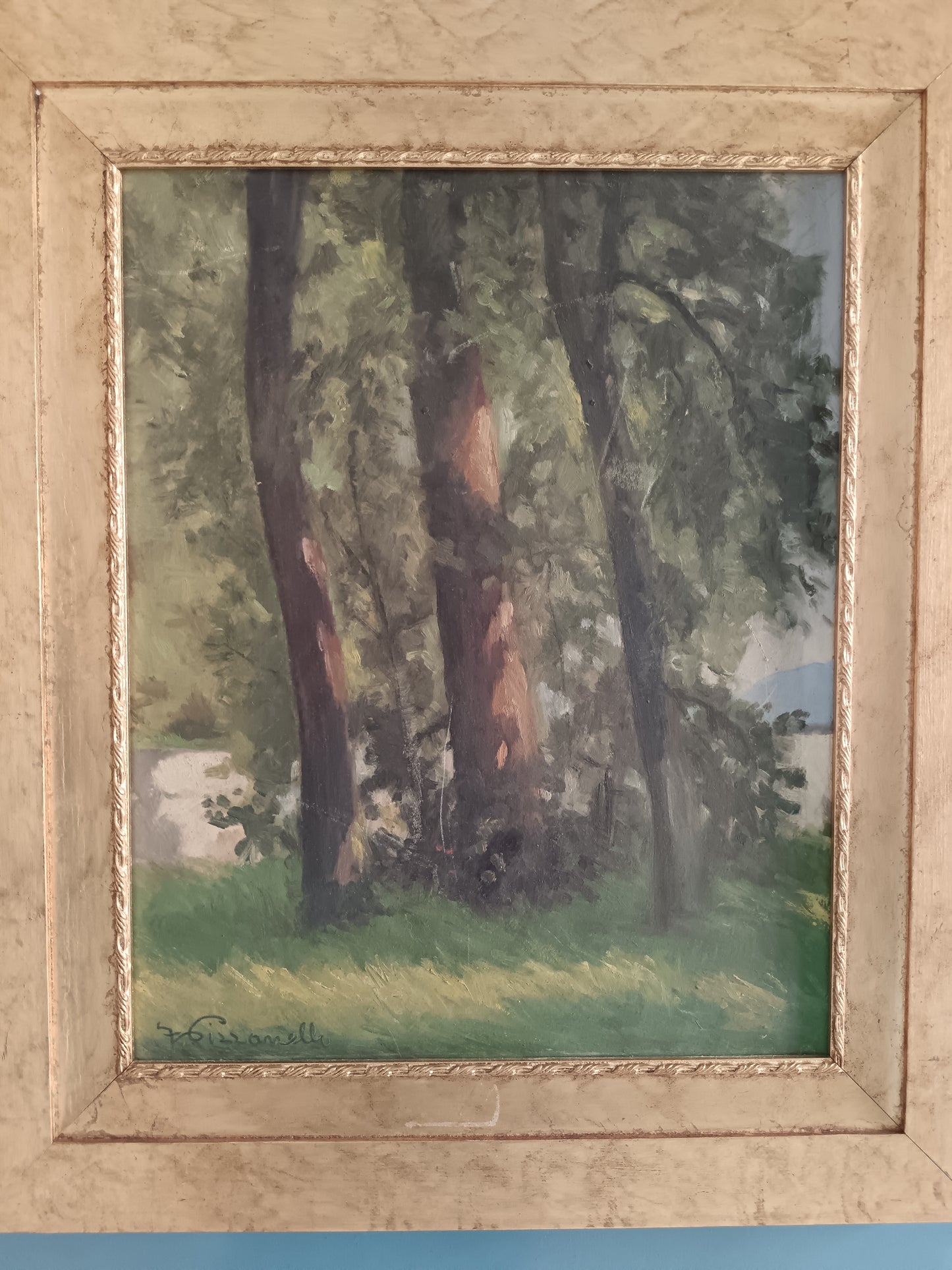 Ferruccio Pizzanelli Dipinto olio su cartoncino paesaggio bosco