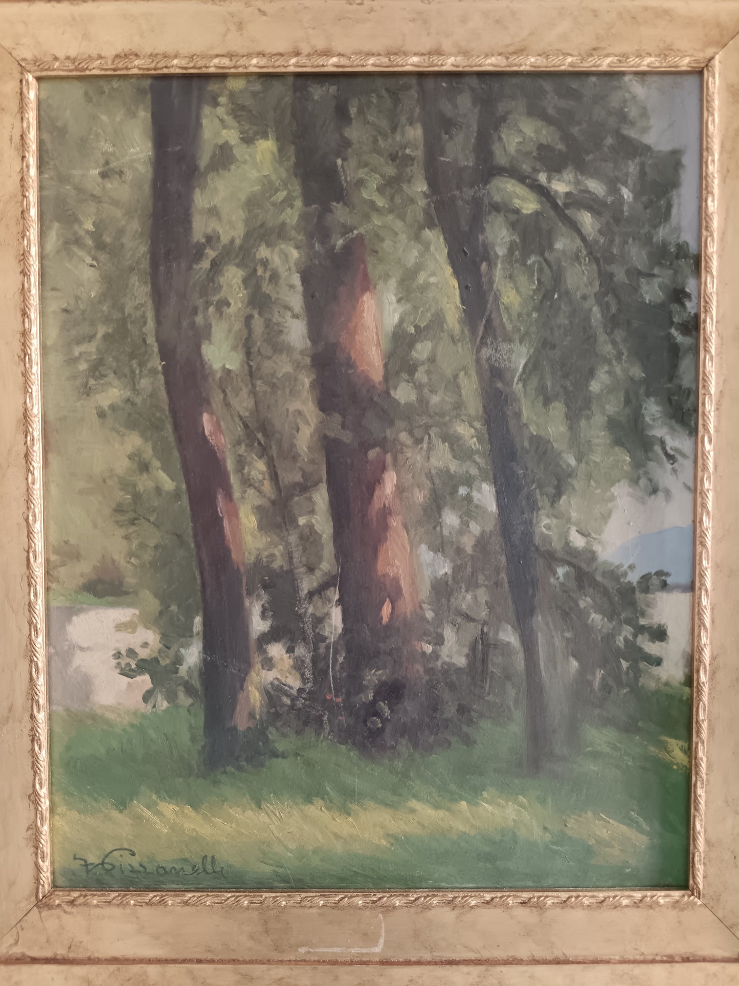 Ferruccio Pizzanelli Dipinto olio su cartoncino paesaggio bosco