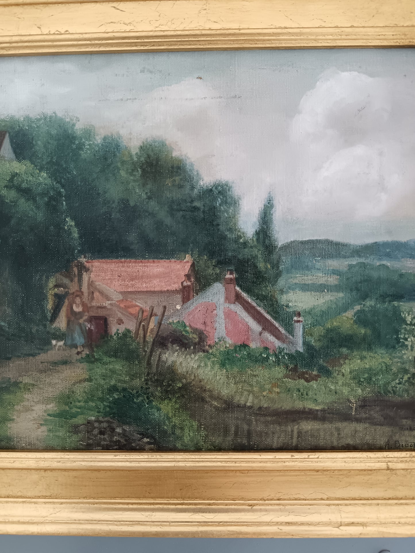 Antico Paesaggio Rurale con Casolari e Figura Femminile – Olio su Tela Firmato