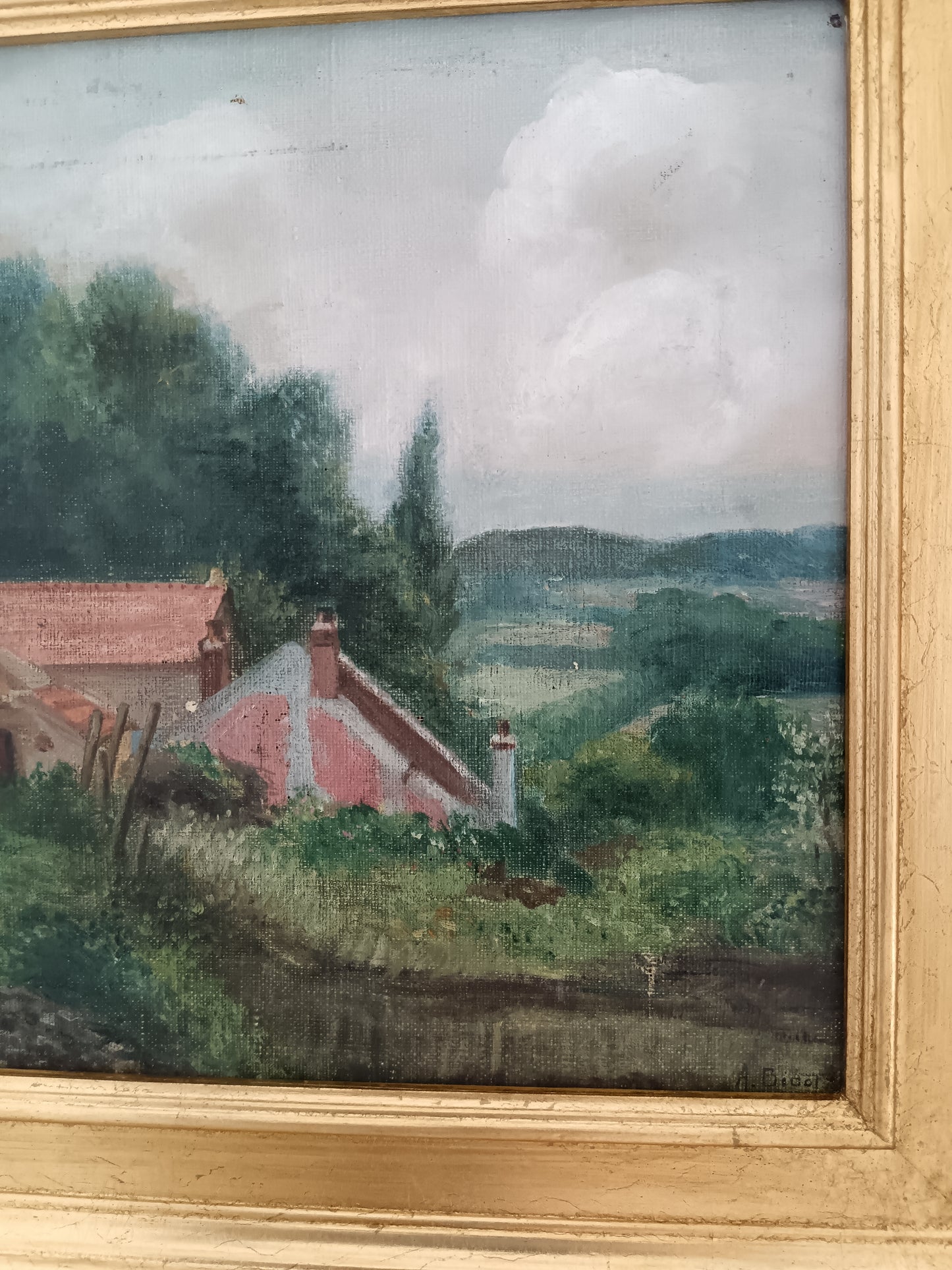 Antico Paesaggio Rurale con Casolari e Figura Femminile – Olio su Tela Firmato