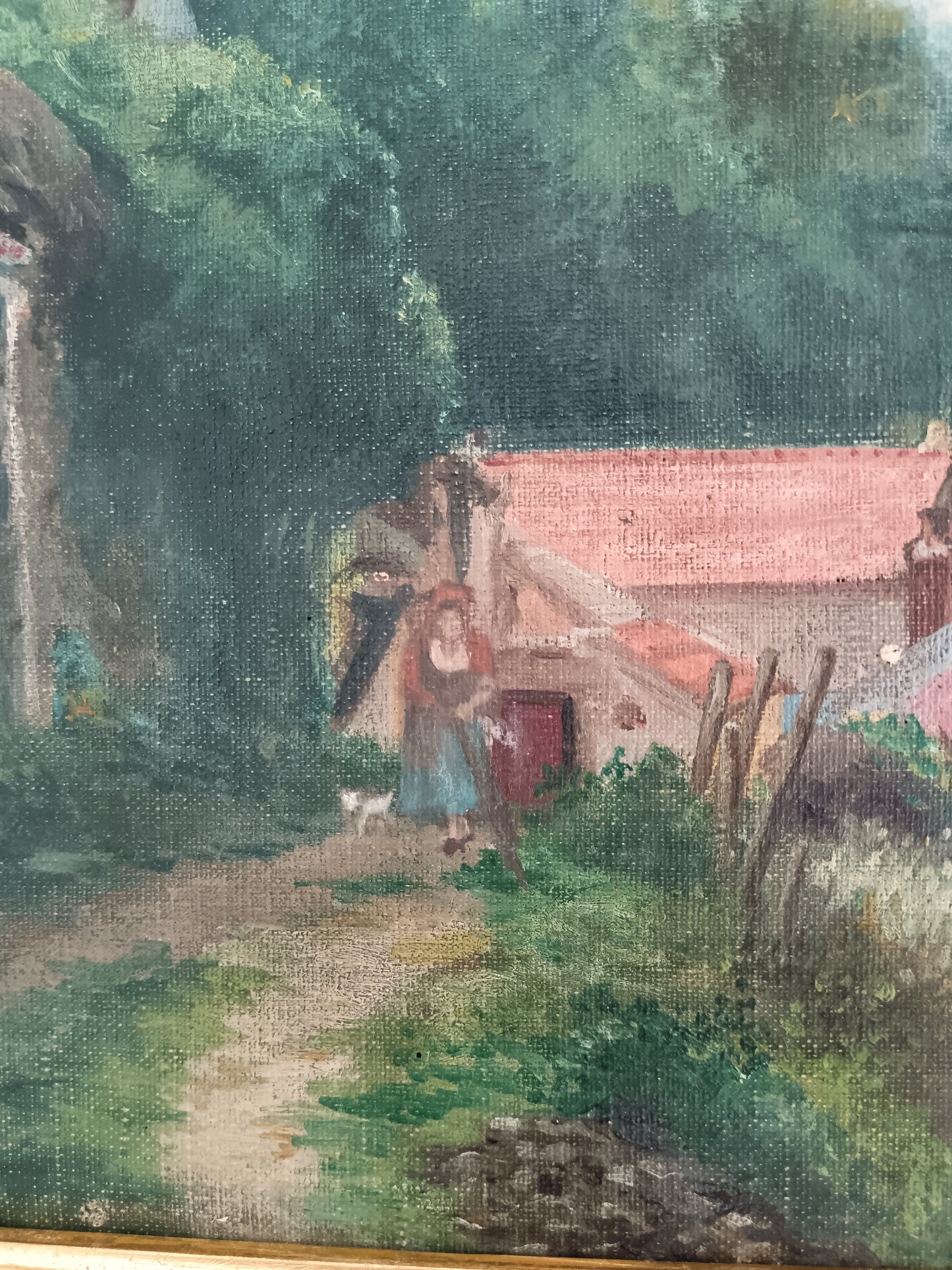 Antico Paesaggio Rurale con Casolari e Figura Femminile – Olio su Tela Firmato