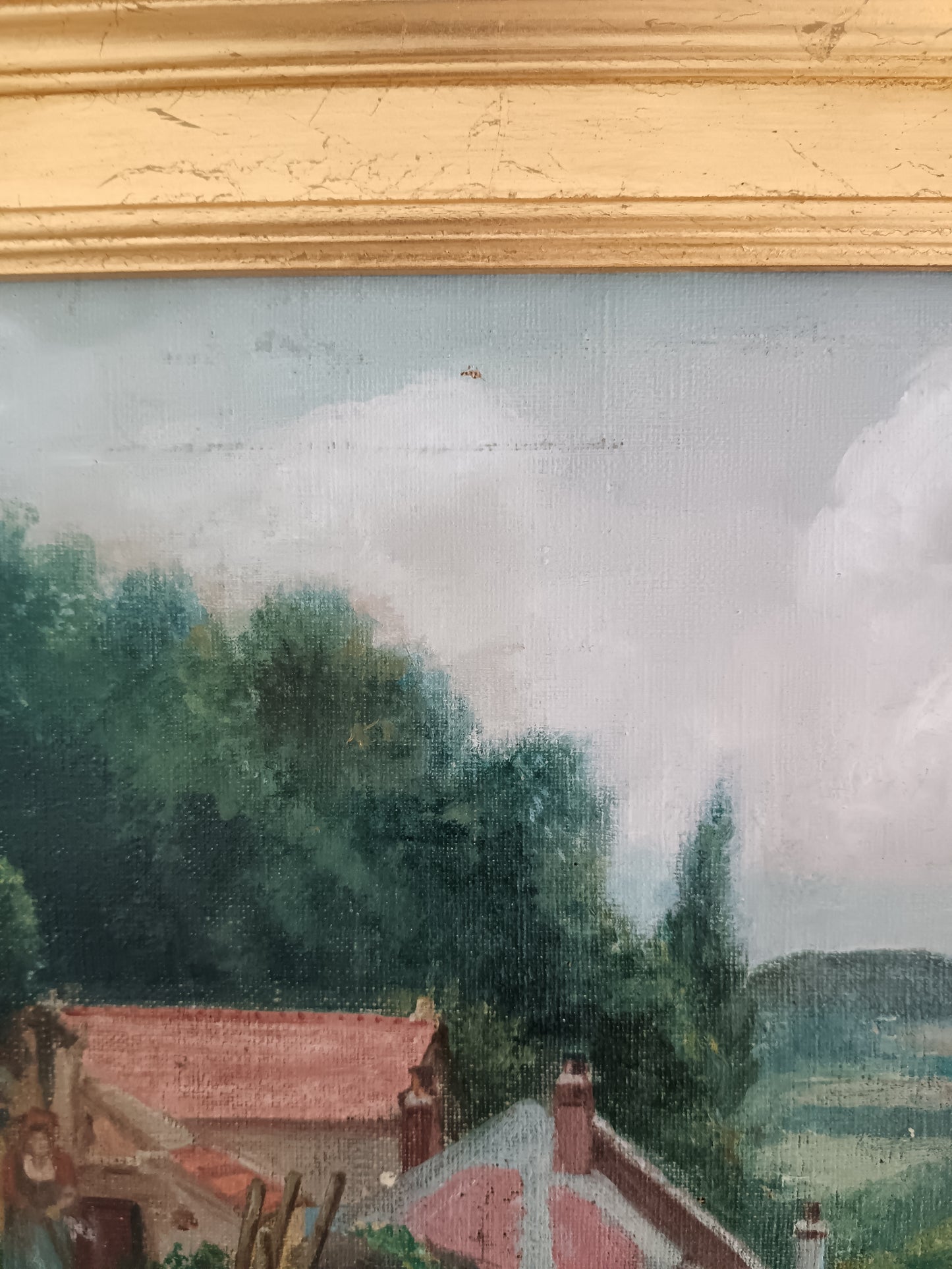 Antico Paesaggio Rurale con Casolari e Figura Femminile – Olio su Tela Firmato
