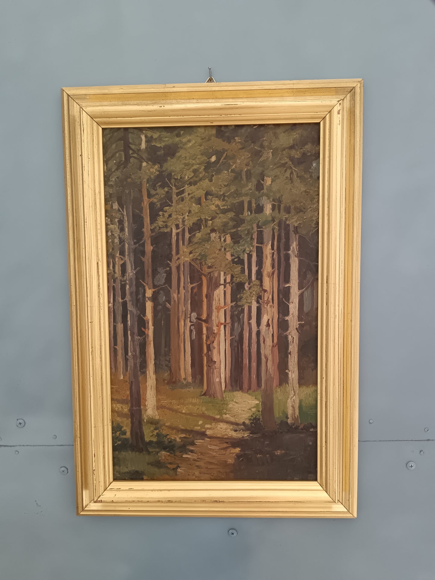 Roberto Nappo Olio su Masonite "Sentiero nella Pineta" Quadro Paesaggio Bosco