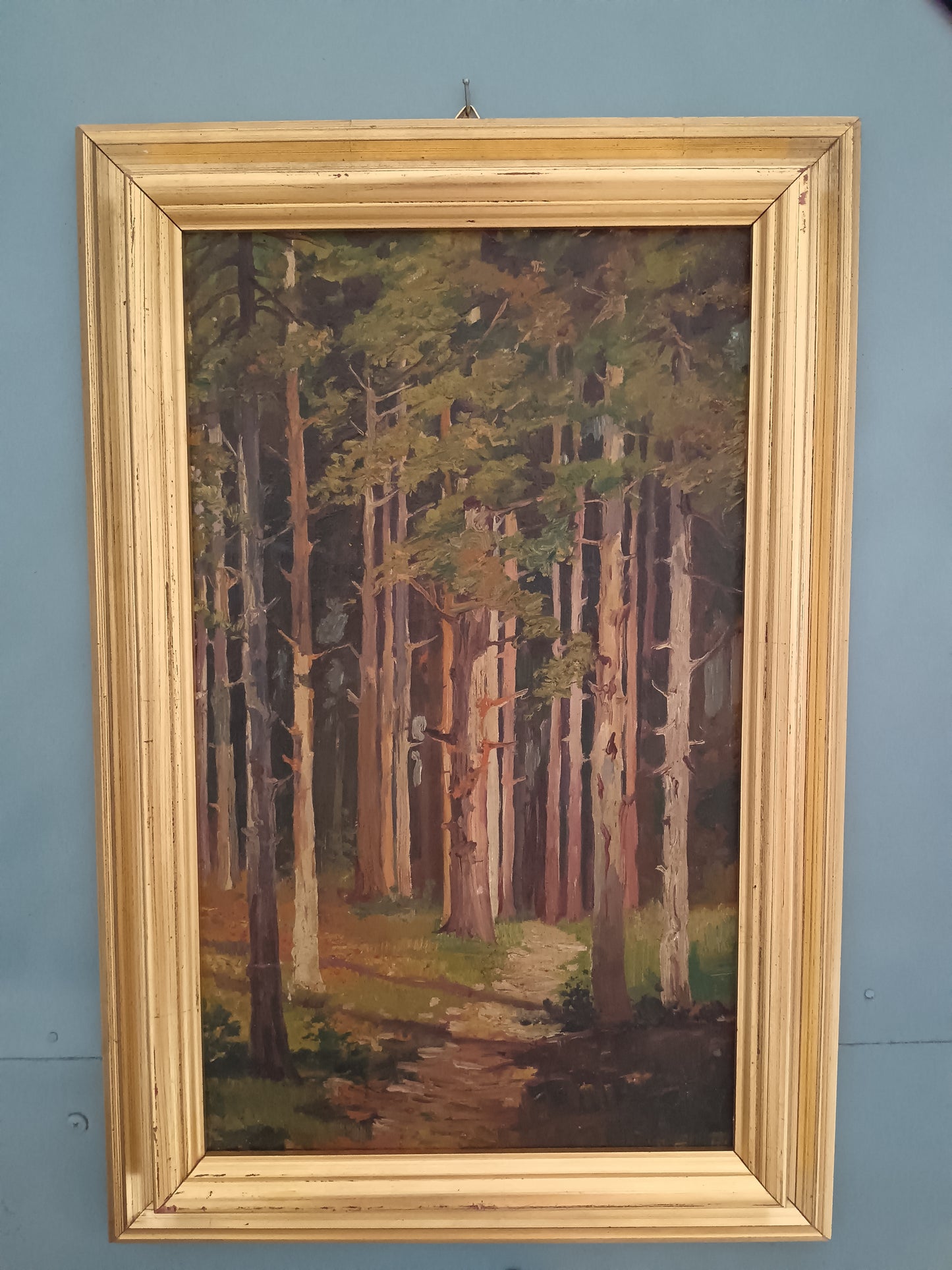 Roberto Nappo Olio su Masonite "Sentiero nella Pineta" Quadro Paesaggio Bosco