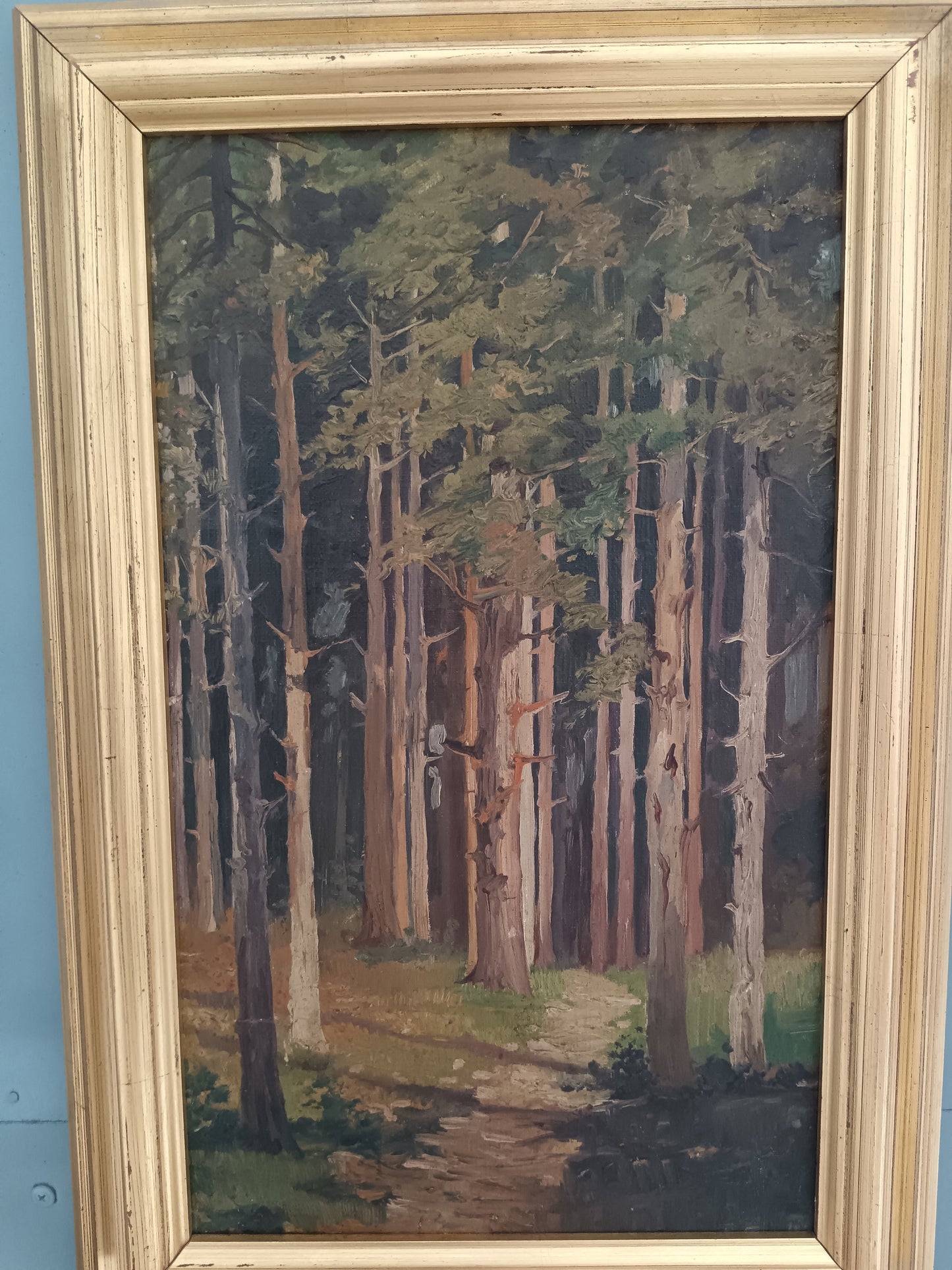 Roberto Nappo Olio su Masonite "Sentiero nella Pineta" Quadro Paesaggio Bosco