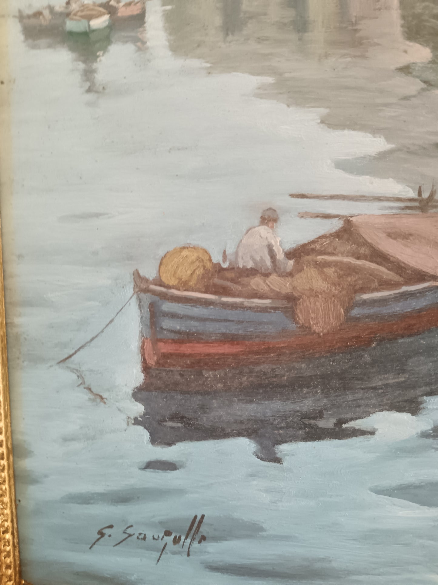 Marina della Costiera Amalfitana con Barca da Pesca – Olio su Tavola