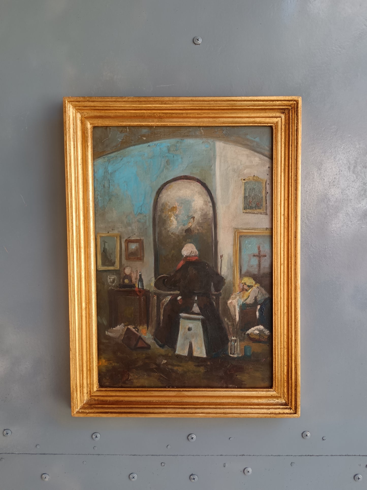 Dipinto Olio su Tavola – Interno con Anziana allo Specchio – Scena di Genere