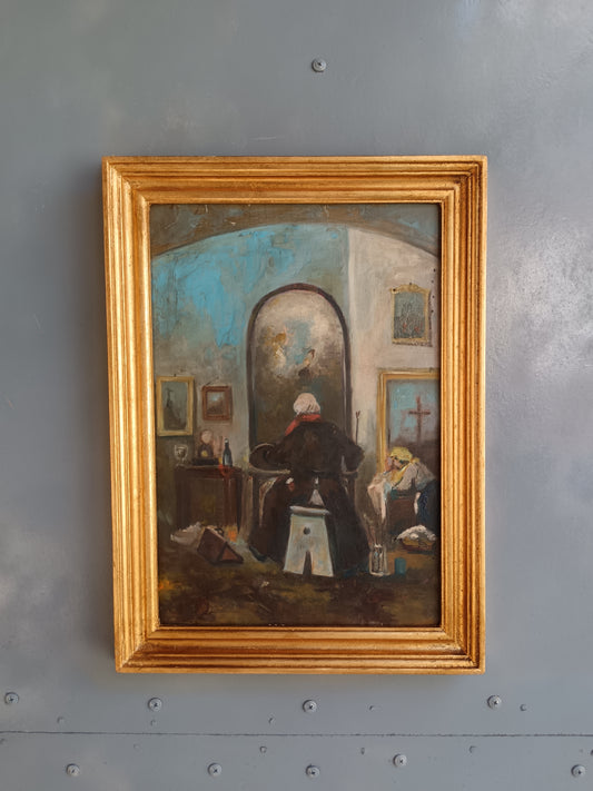 Dipinto Olio su Tavola – Interno con Anziana allo Specchio – Scena di Genere
