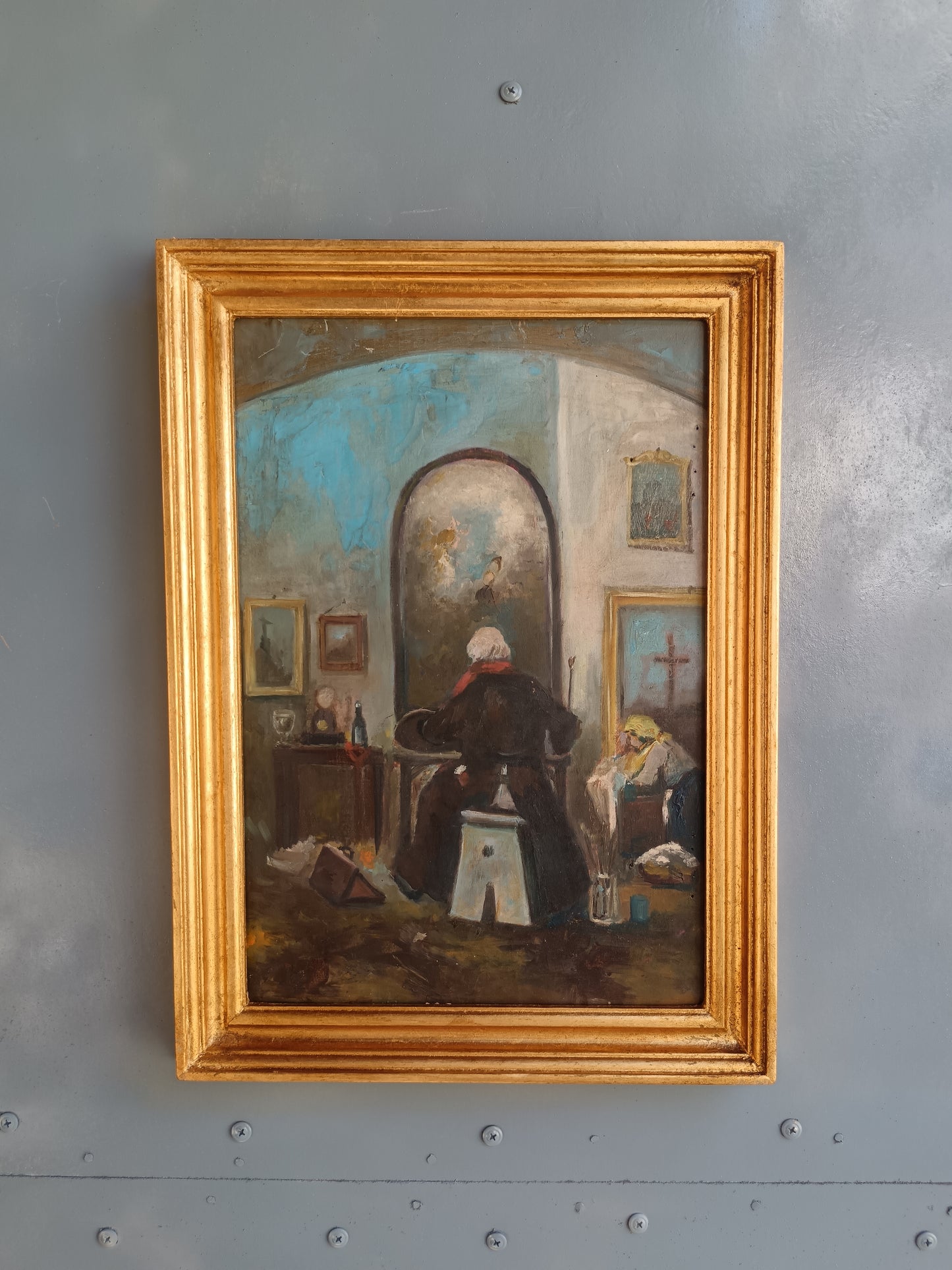 Dipinto Olio su Tavola – Interno con Anziana allo Specchio – Scena di Genere