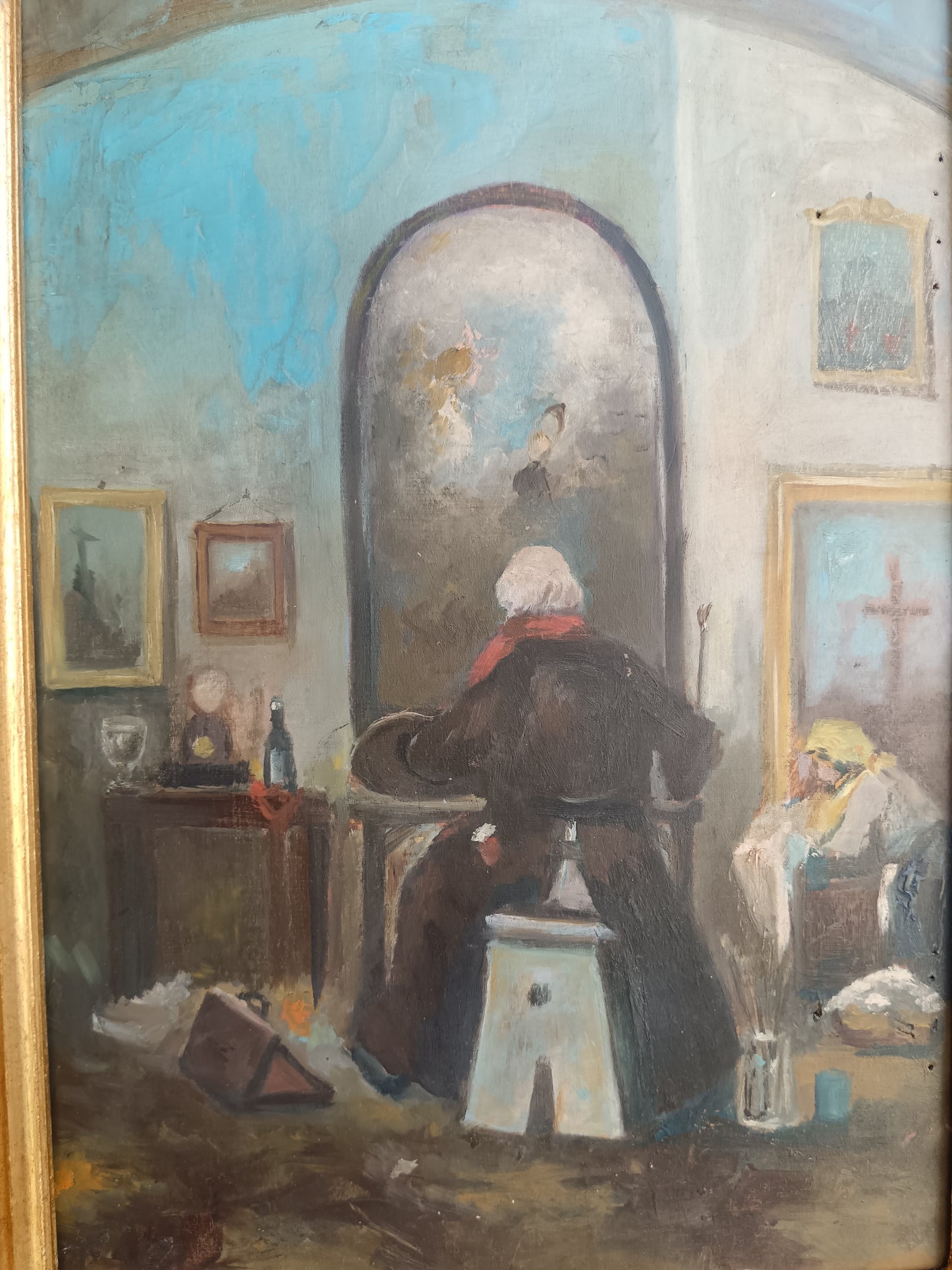 Dipinto Olio su Tavola – Interno con Anziana allo Specchio – Scena di Genere