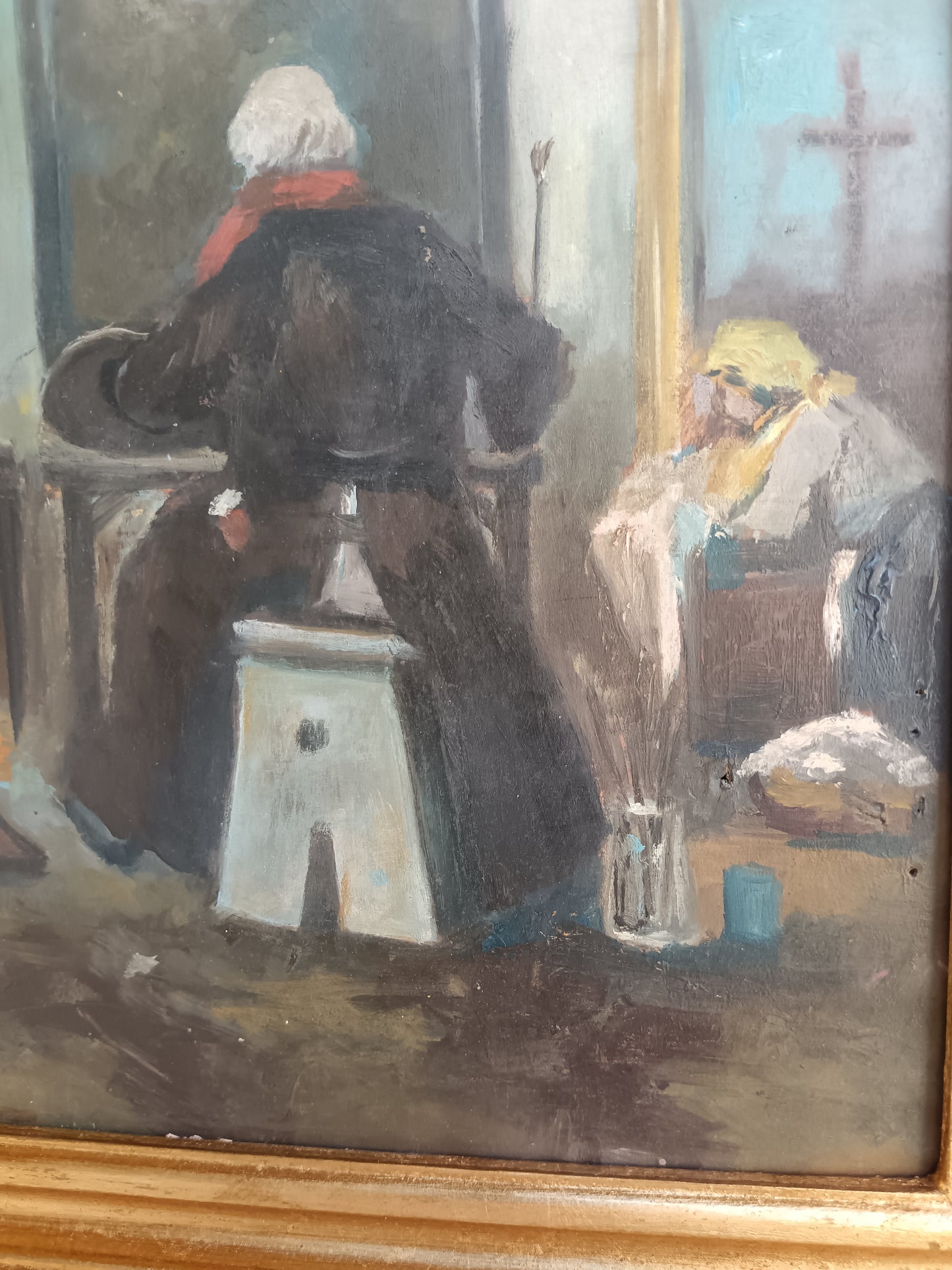 Dipinto Olio su Tavola – Interno con Anziana allo Specchio – Scena di Genere