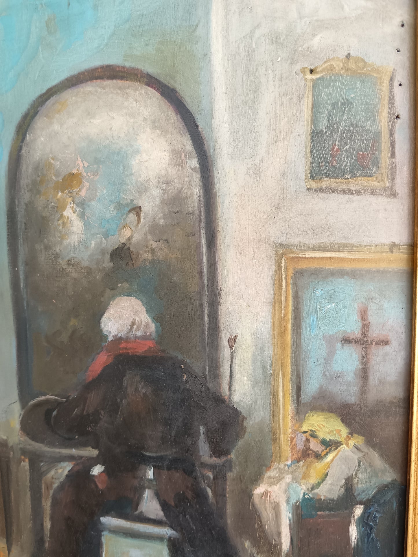 Dipinto Olio su Tavola – Interno con Anziana allo Specchio – Scena di Genere