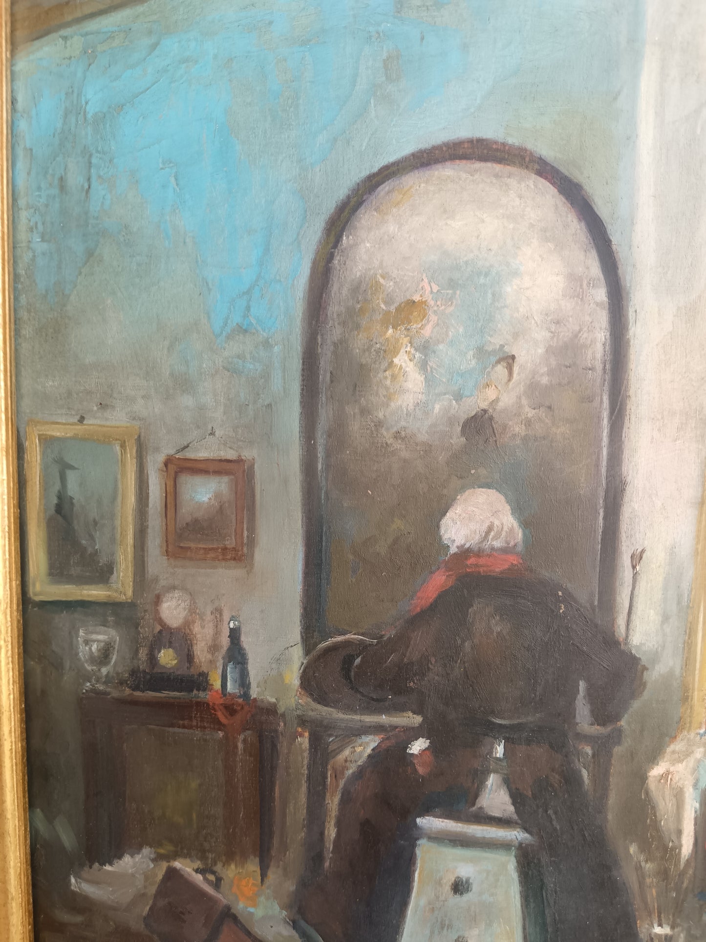 Dipinto Olio su Tavola – Interno con Anziana allo Specchio – Scena di Genere