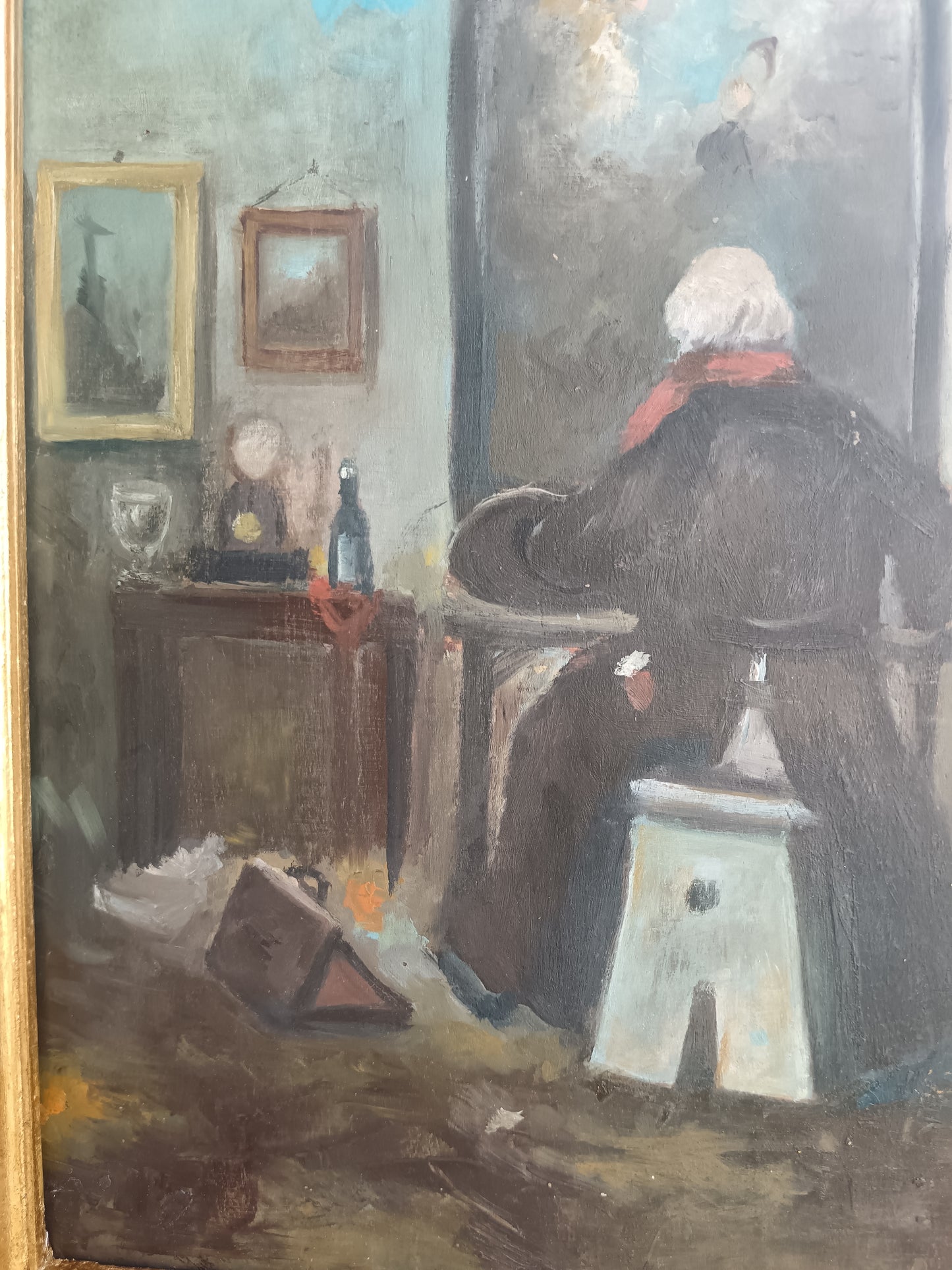 Dipinto Olio su Tavola – Interno con Anziana allo Specchio – Scena di Genere