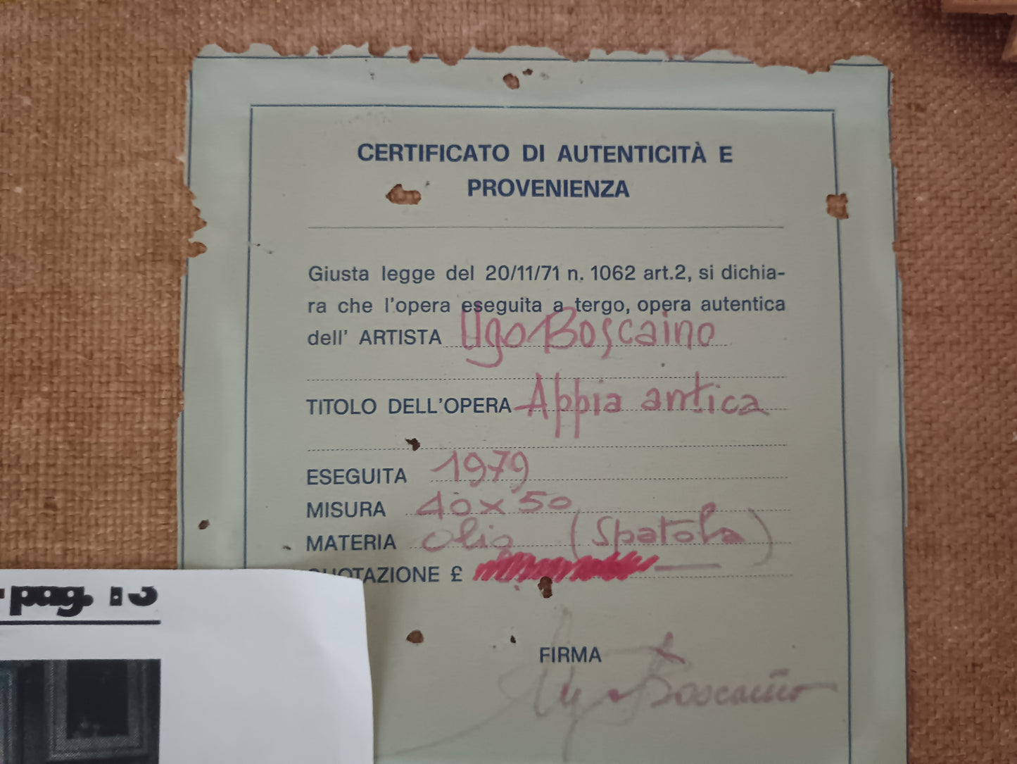 Ugo Boscaino (1931-2010) "Appia Antica" 1979 Olio a Spatola su Tela