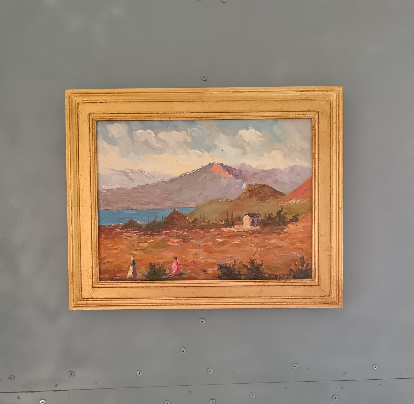 F. Lambiase Olio su Tela Paesaggio Montano con Lago 40x30 Dipinto Firmato Cornice