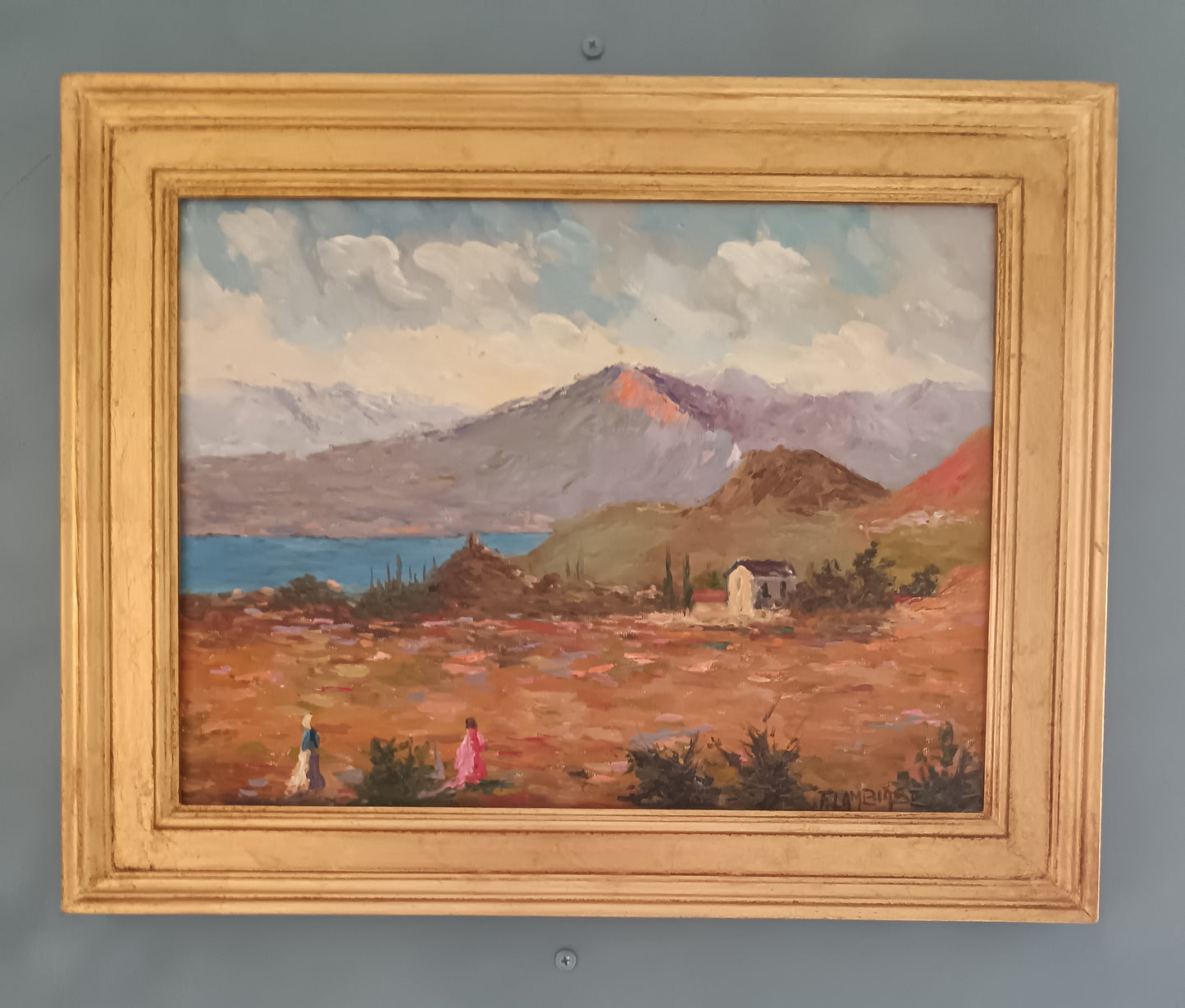 F. Lambiase Olio su Tela Paesaggio Montano con Lago 40x30 Dipinto Firmato Cornice