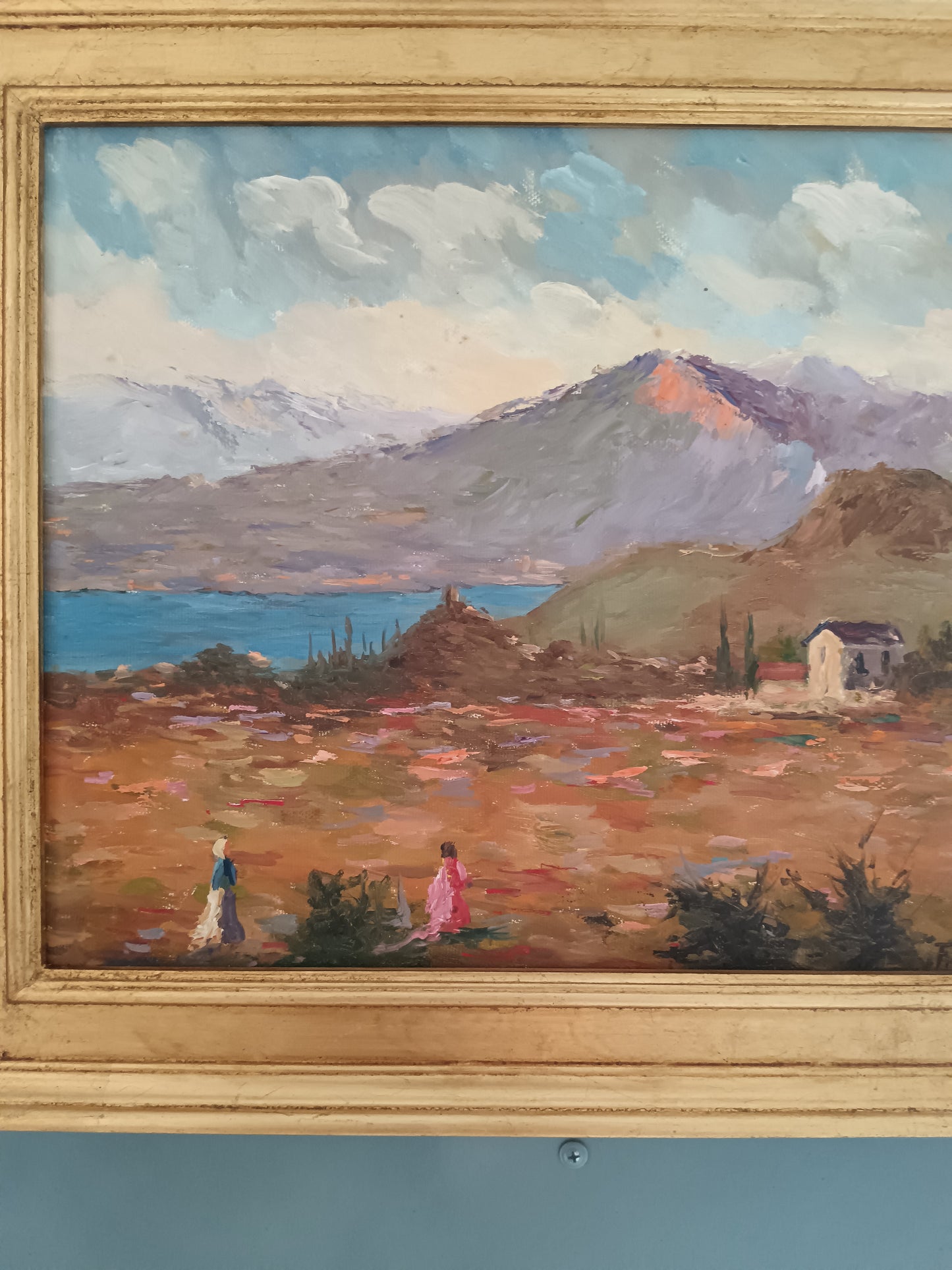 F. Lambiase Olio su Tela Paesaggio Montano con Lago 40x30 Dipinto Firmato Cornice