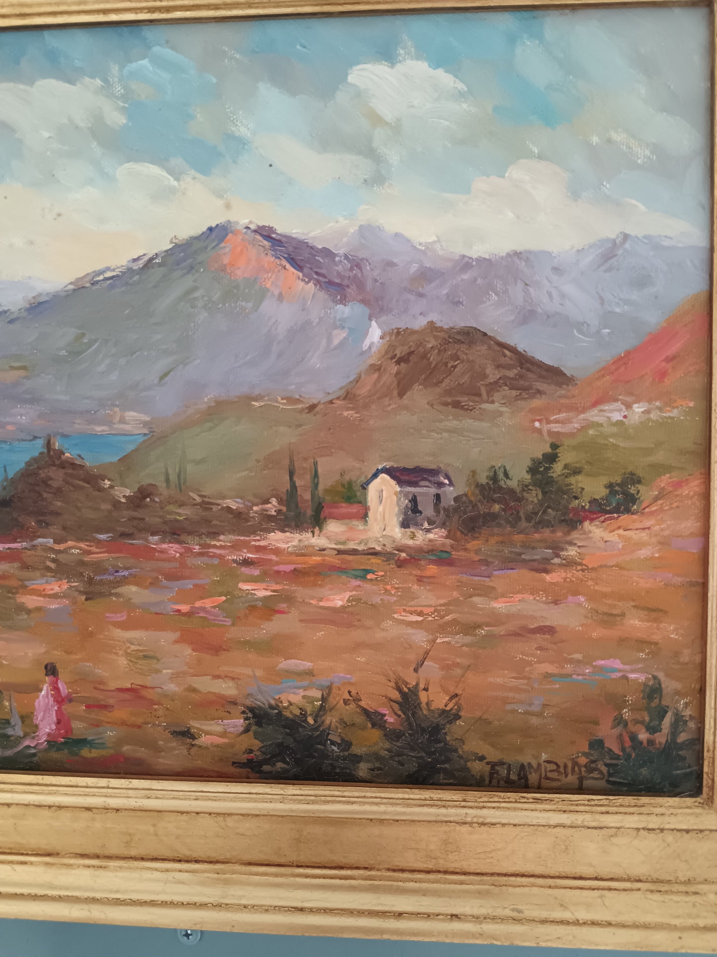 F. Lambiase Olio su Tela Paesaggio Montano con Lago 40x30 Dipinto Firmato Cornice