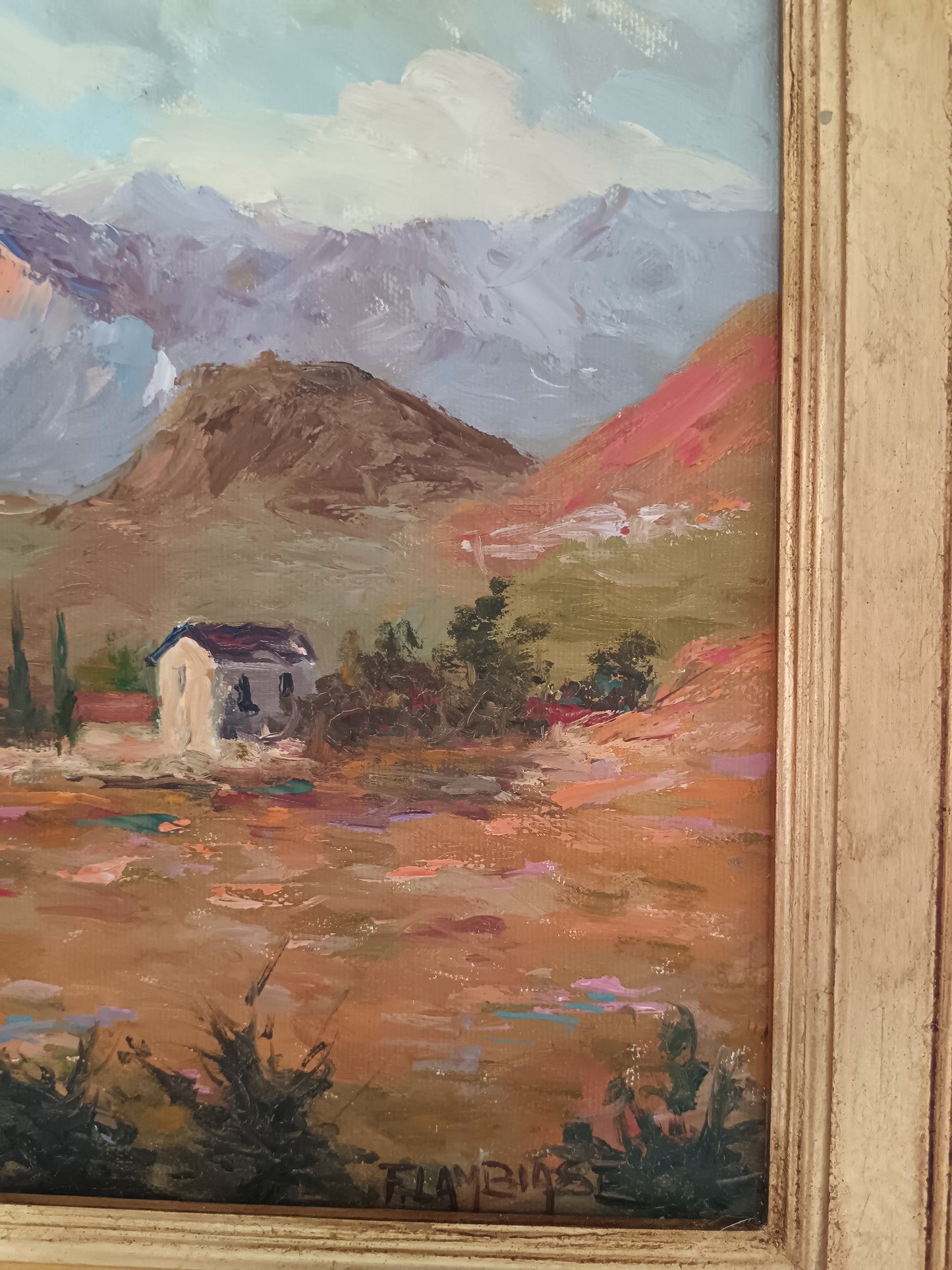 F. Lambiase Olio su Tela Paesaggio Montano con Lago 40x30 Dipinto Firmato Cornice