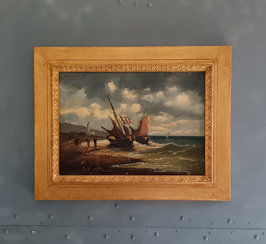 Antico dipinto olio su tela G. Lion, marina