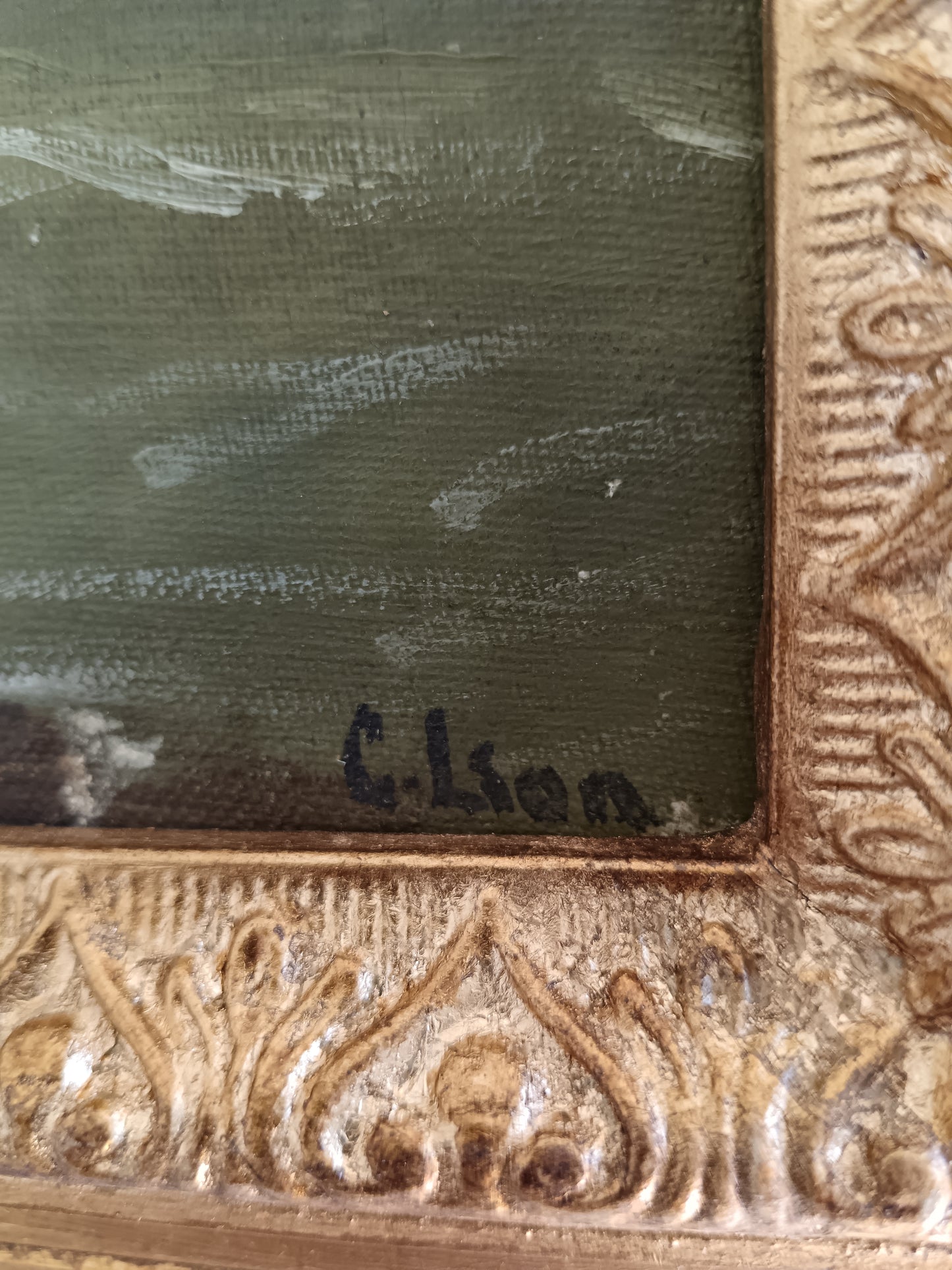 Antico dipinto olio su tela G. Lion, marina