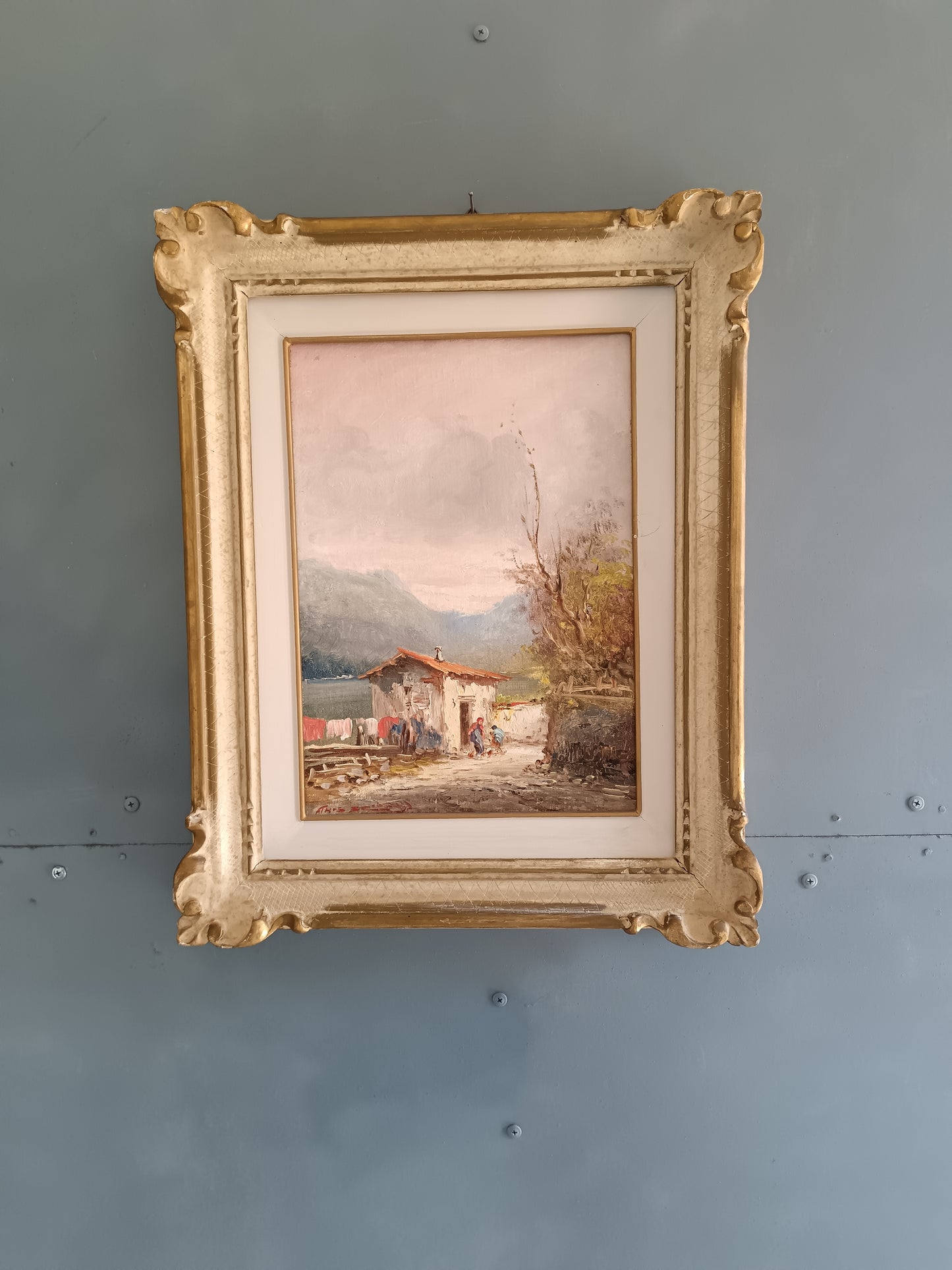 Athos Renzo Brioschi Olio Su Cartoncino Telato 25x35 Paesaggio Lacustre Con Figure Firmato