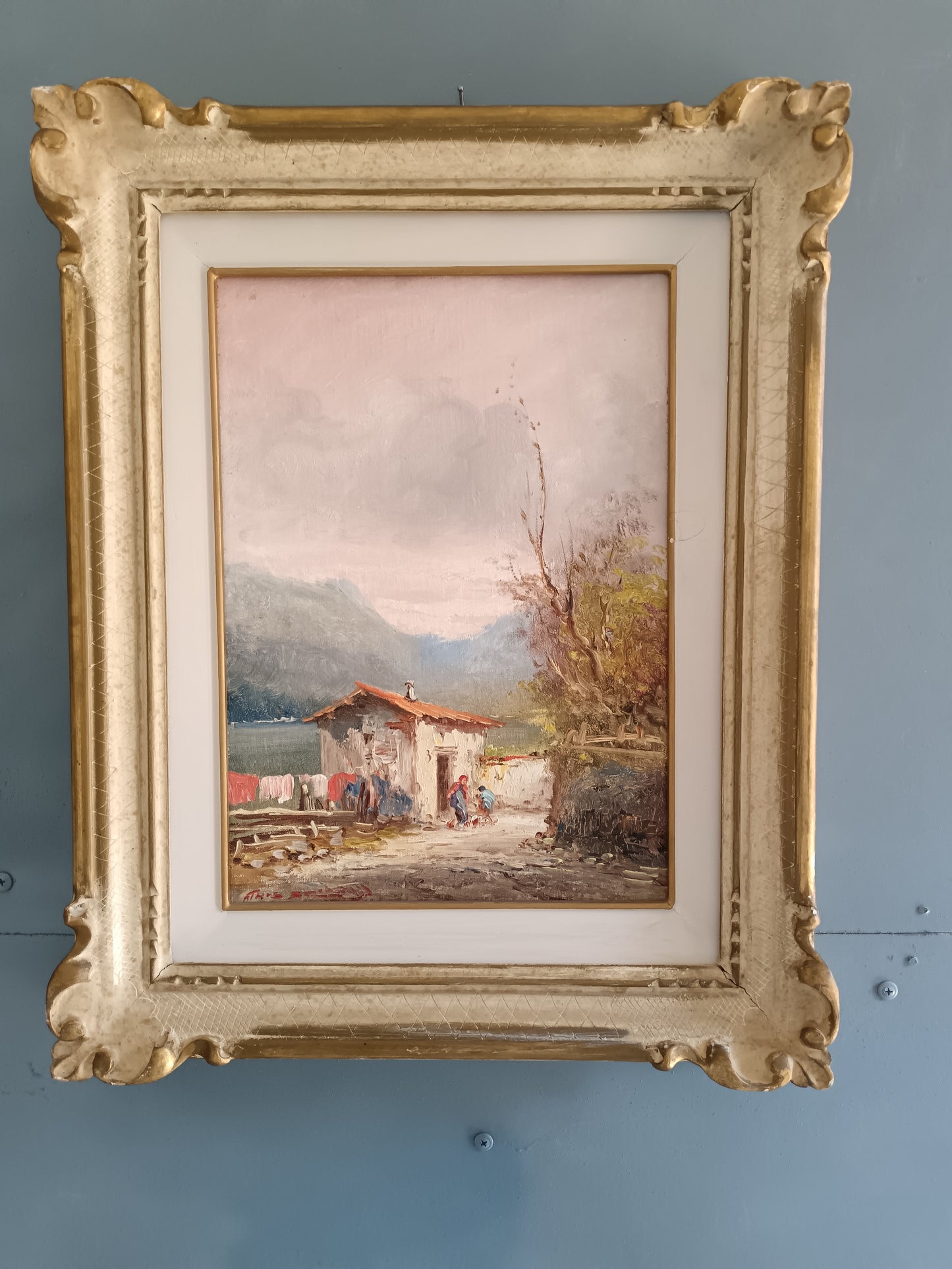 Athos Renzo Brioschi Olio Su Cartoncino Telato 25x35 Paesaggio Lacustre Con Figure Firmato