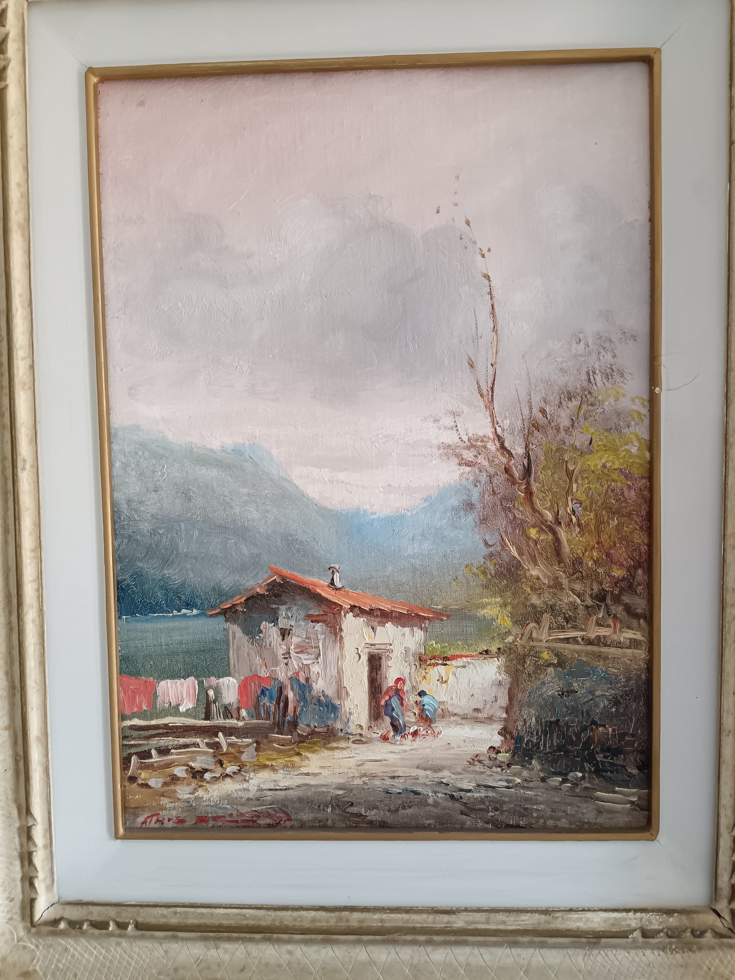 Athos Renzo Brioschi Olio Su Cartoncino Telato 25x35 Paesaggio Lacustre Con Figure Firmato