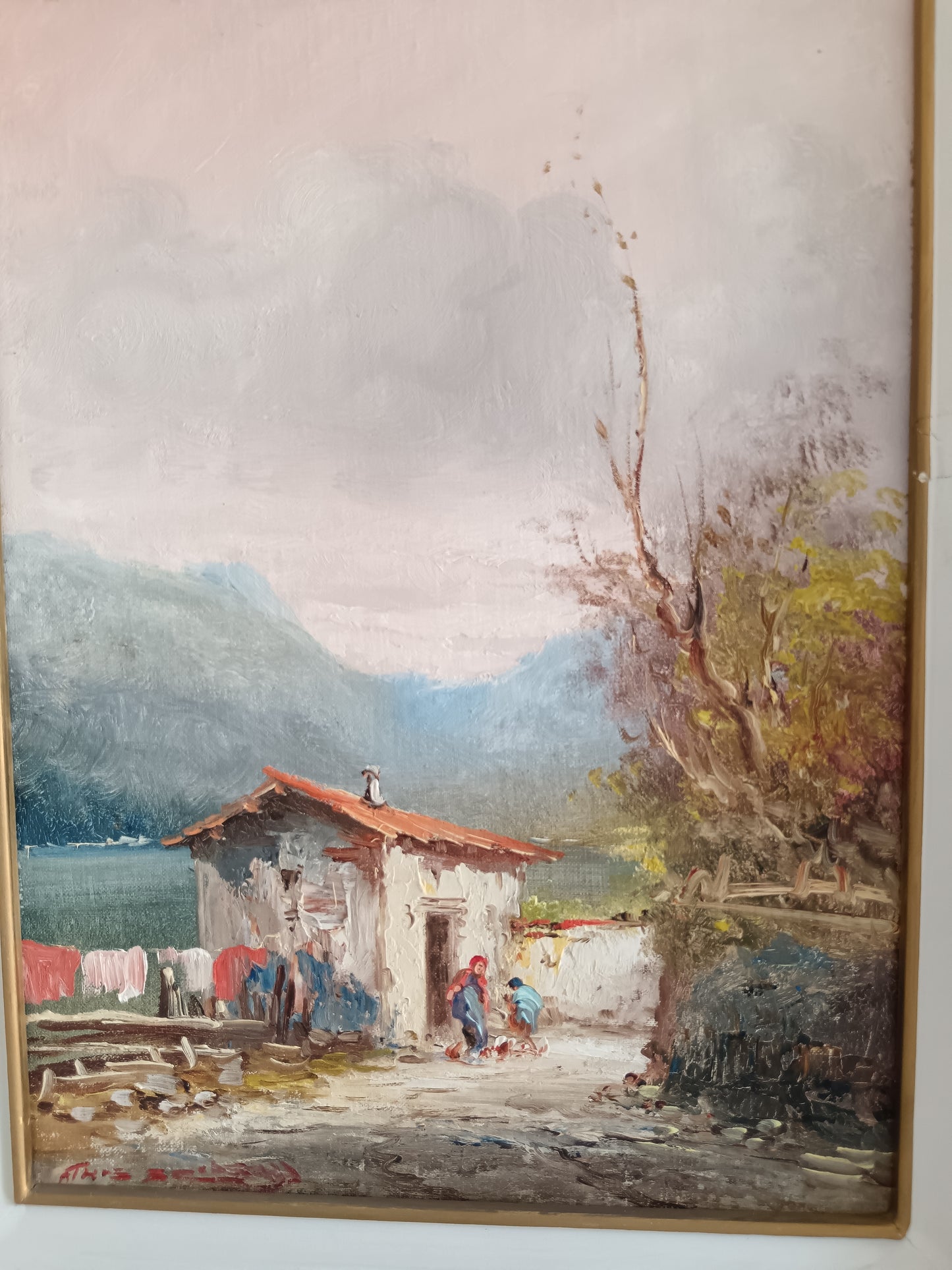 Athos Renzo Brioschi Olio Su Cartoncino Telato 25x35 Paesaggio Lacustre Con Figure Firmato