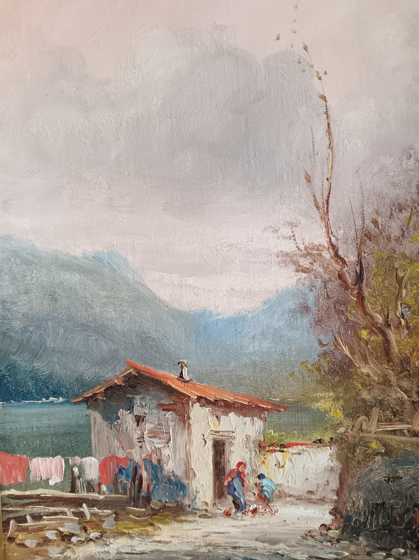 Athos Renzo Brioschi Olio Su Cartoncino Telato 25x35 Paesaggio Lacustre Con Figure Firmato