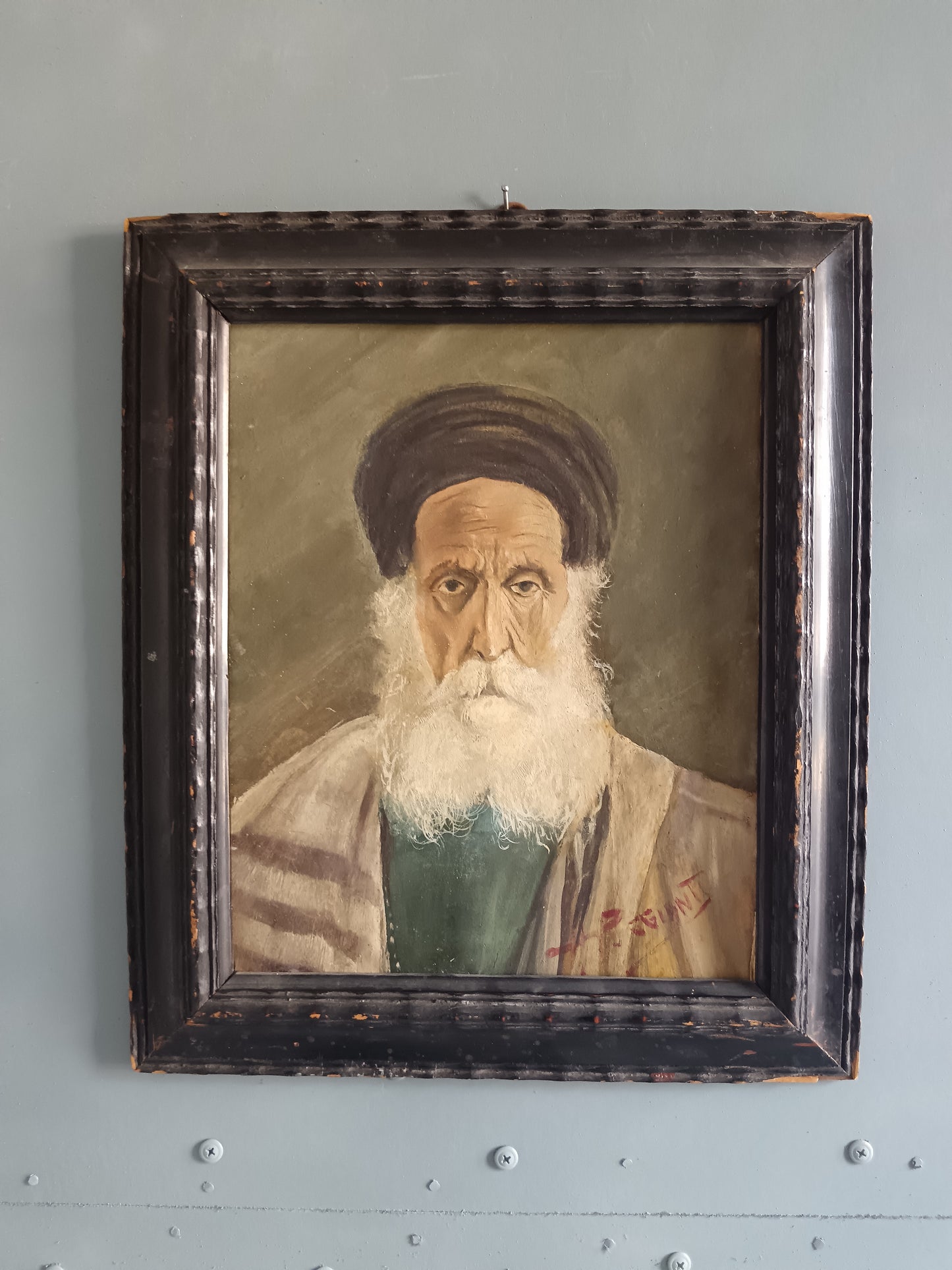 Antico Ritratto di Rabbino Patriarca Orientale Olio su Cartoncino Firmato con Cornice d'Epoca