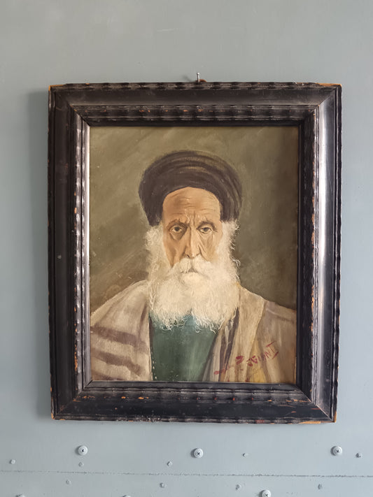 Antico Ritratto di Rabbino Patriarca Orientale Olio su Cartoncino Firmato con Cornice d'Epoca