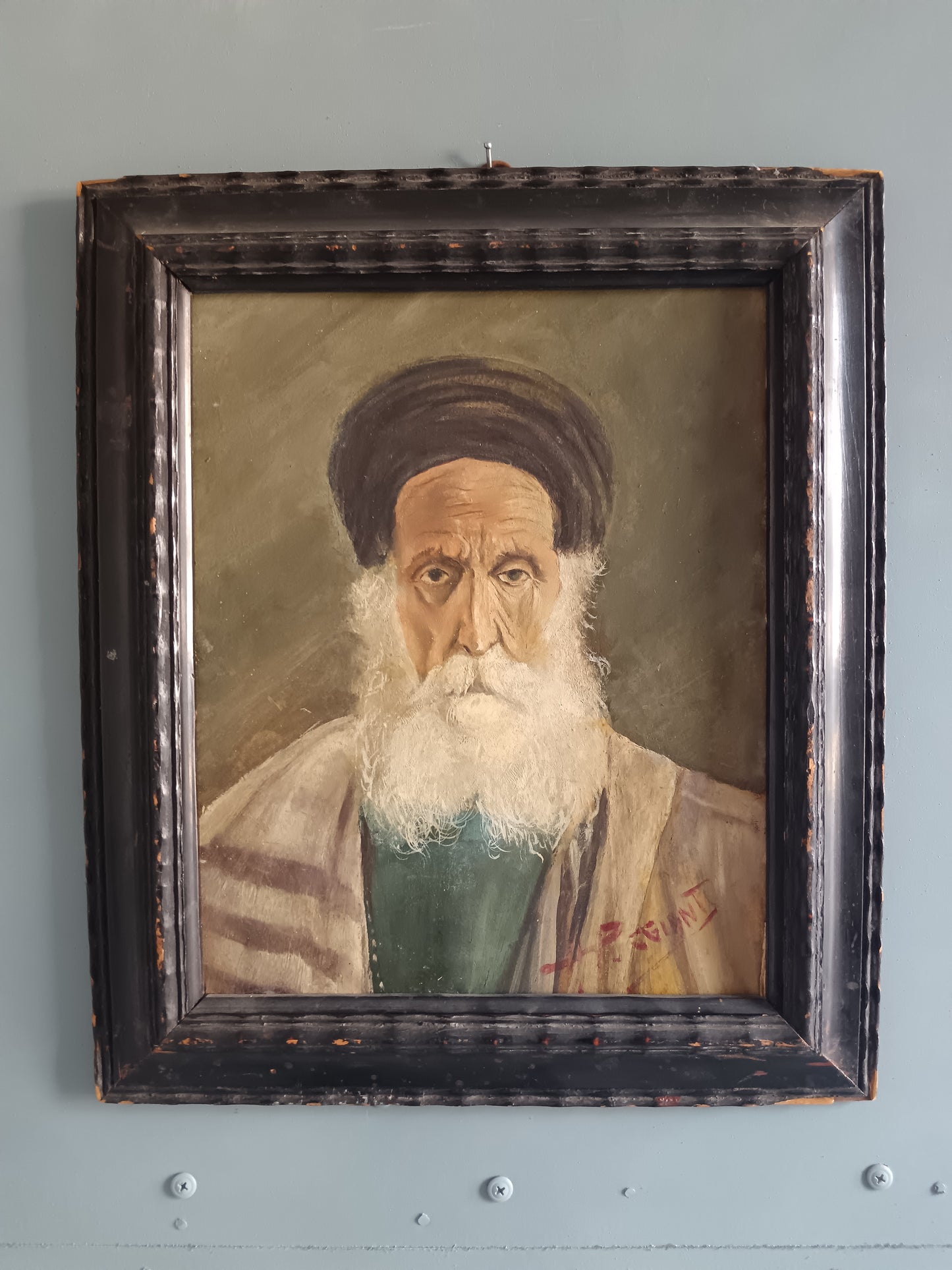 Antico Ritratto di Rabbino Patriarca Orientale Olio su Cartoncino Firmato con Cornice d'Epoca