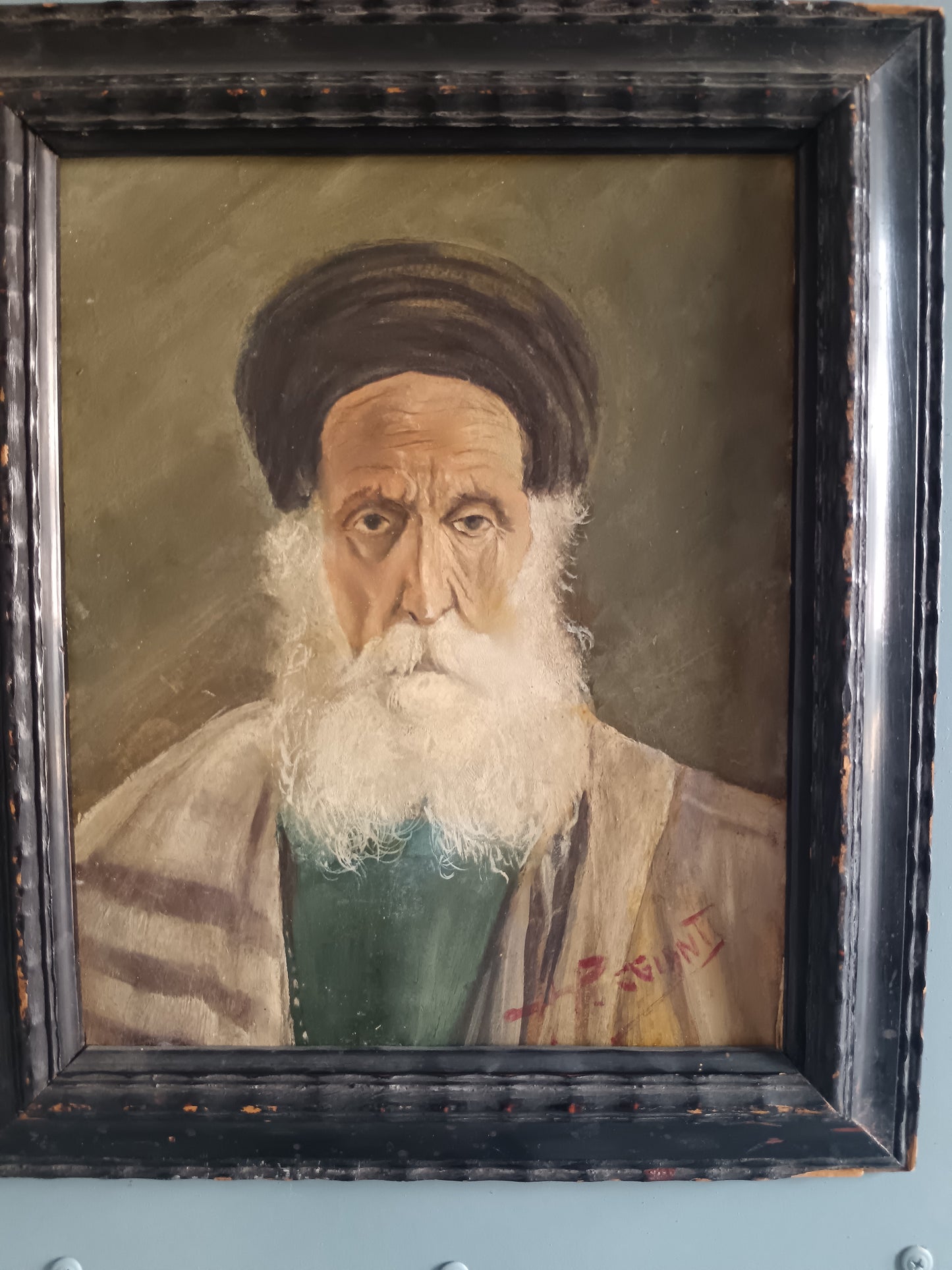 Antico Ritratto di Rabbino Patriarca Orientale Olio su Cartoncino Firmato con Cornice d'Epoca