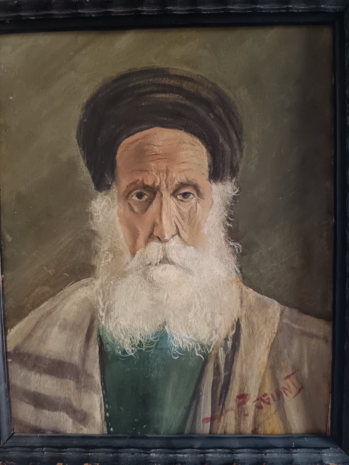 Antico Ritratto di Rabbino Patriarca Orientale Olio su Cartoncino Firmato con Cornice d'Epoca