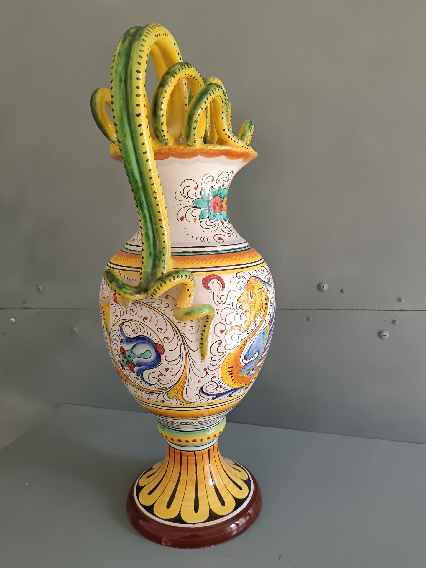 Grande Anfora Fratelli Mari Deruta H 45 cm Maiolica Artistica Dipinta a Mano Manici Serpente