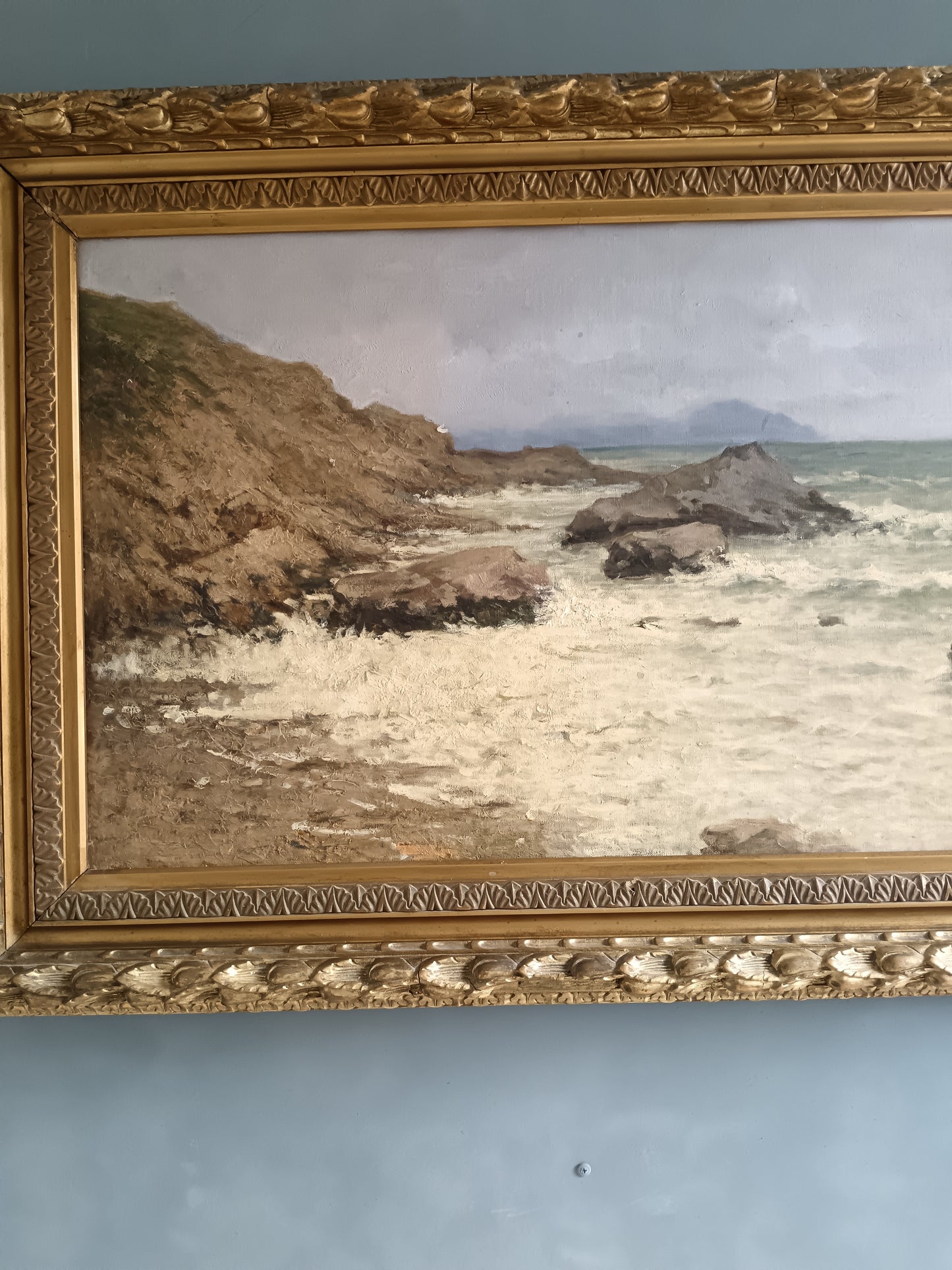 Importante Marina con Scogli Olio su Tela Firmato L. Reni Primo Novecento Antica Cornice Dorata