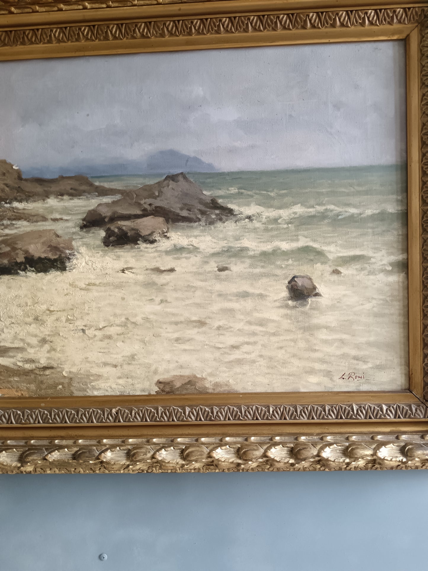 Importante Marina con Scogli Olio su Tela Firmato L. Reni Primo Novecento Antica Cornice Dorata